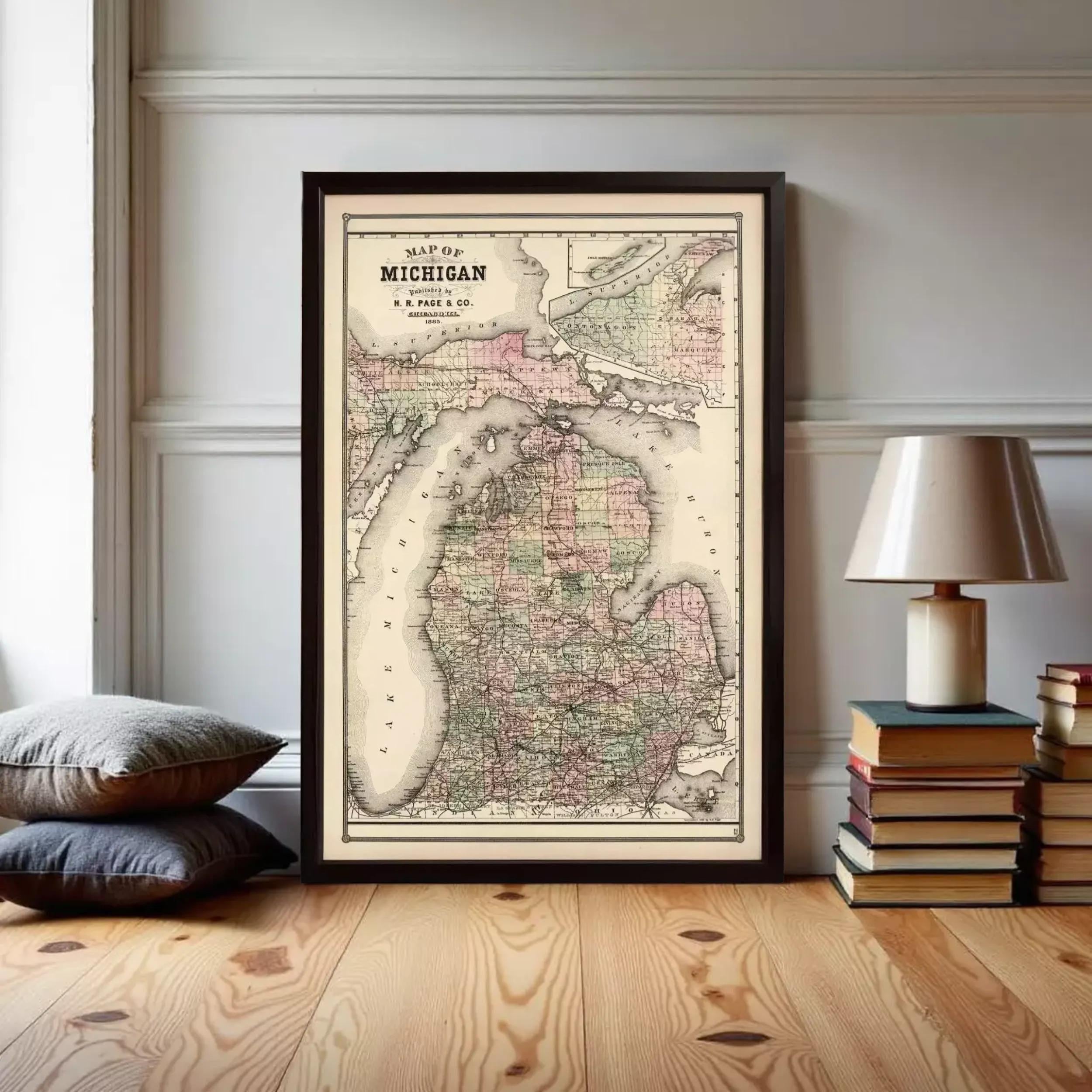 The image is a framed vintage map of Michigan, showing the state's geographical layout and boundaries.