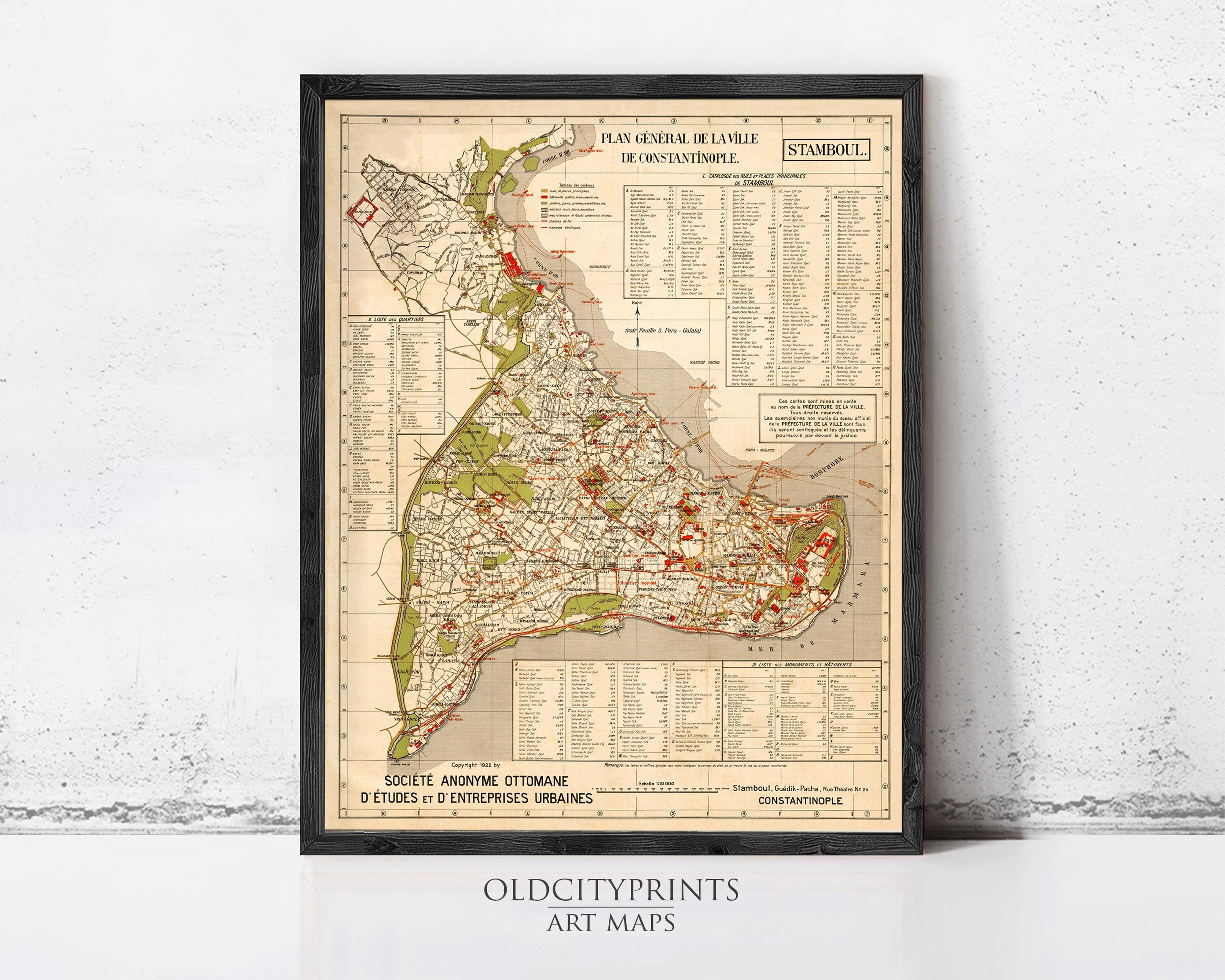 The image is a framed vintage map of Istanbul, Turkey, depicting the city's streets and landmarks.