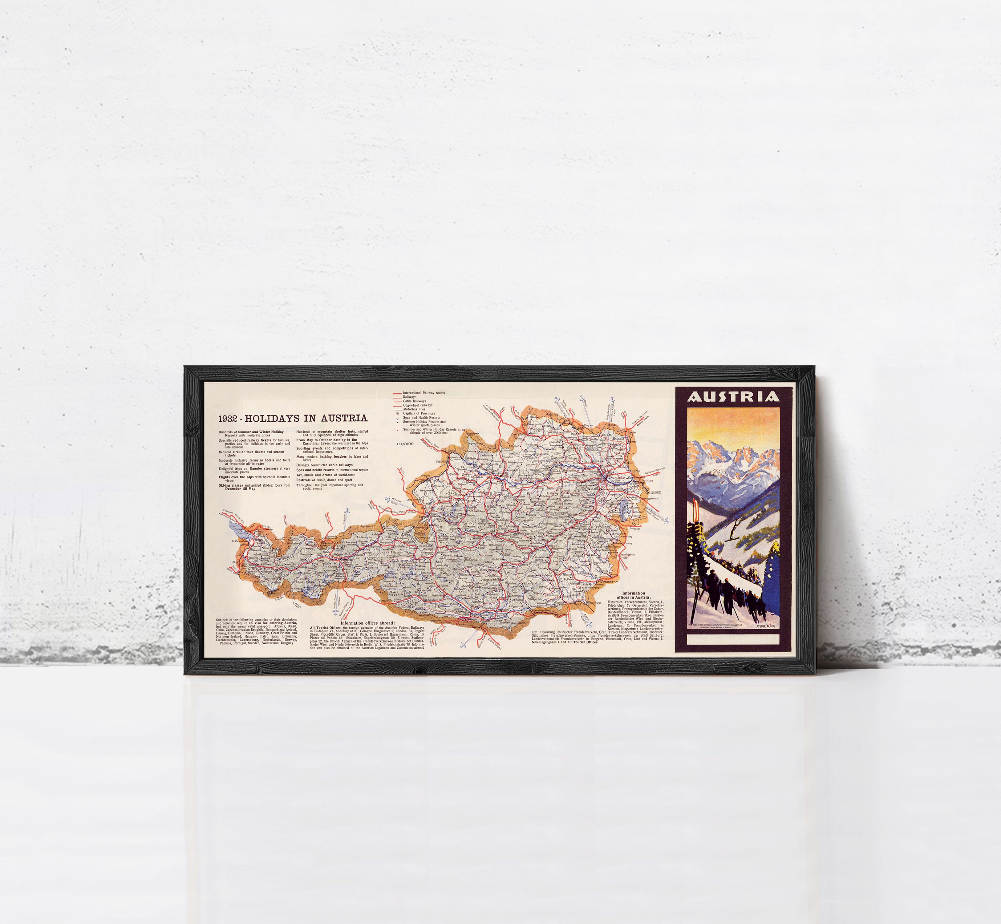 The image is a framed map of Austria, with a mountain landscape visible in the corner.