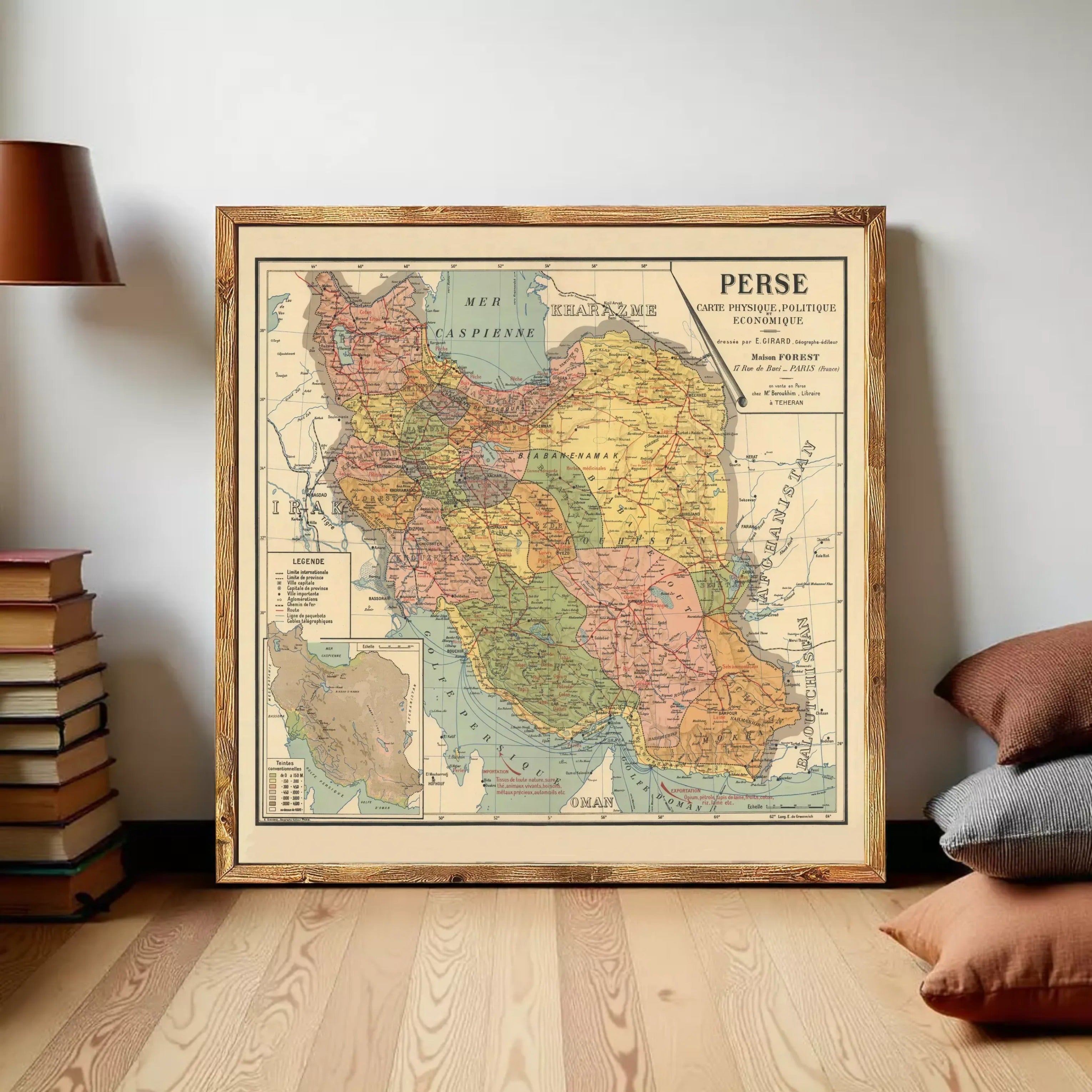 The image is a vintage map of Persia, framed and displayed on a wall.