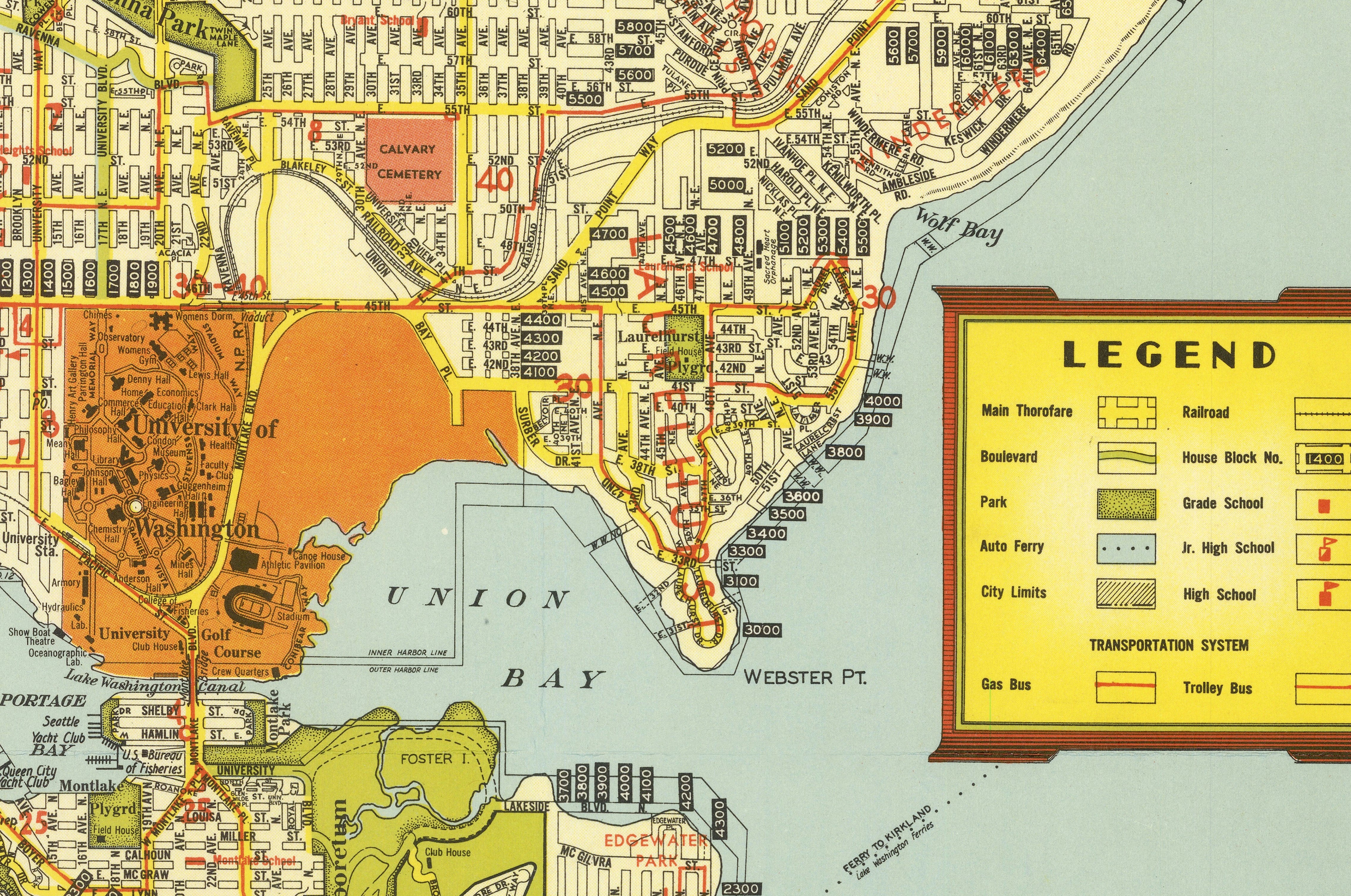 The image is a vintage map of a city, showing various streets, landmarks, and transportation systems.