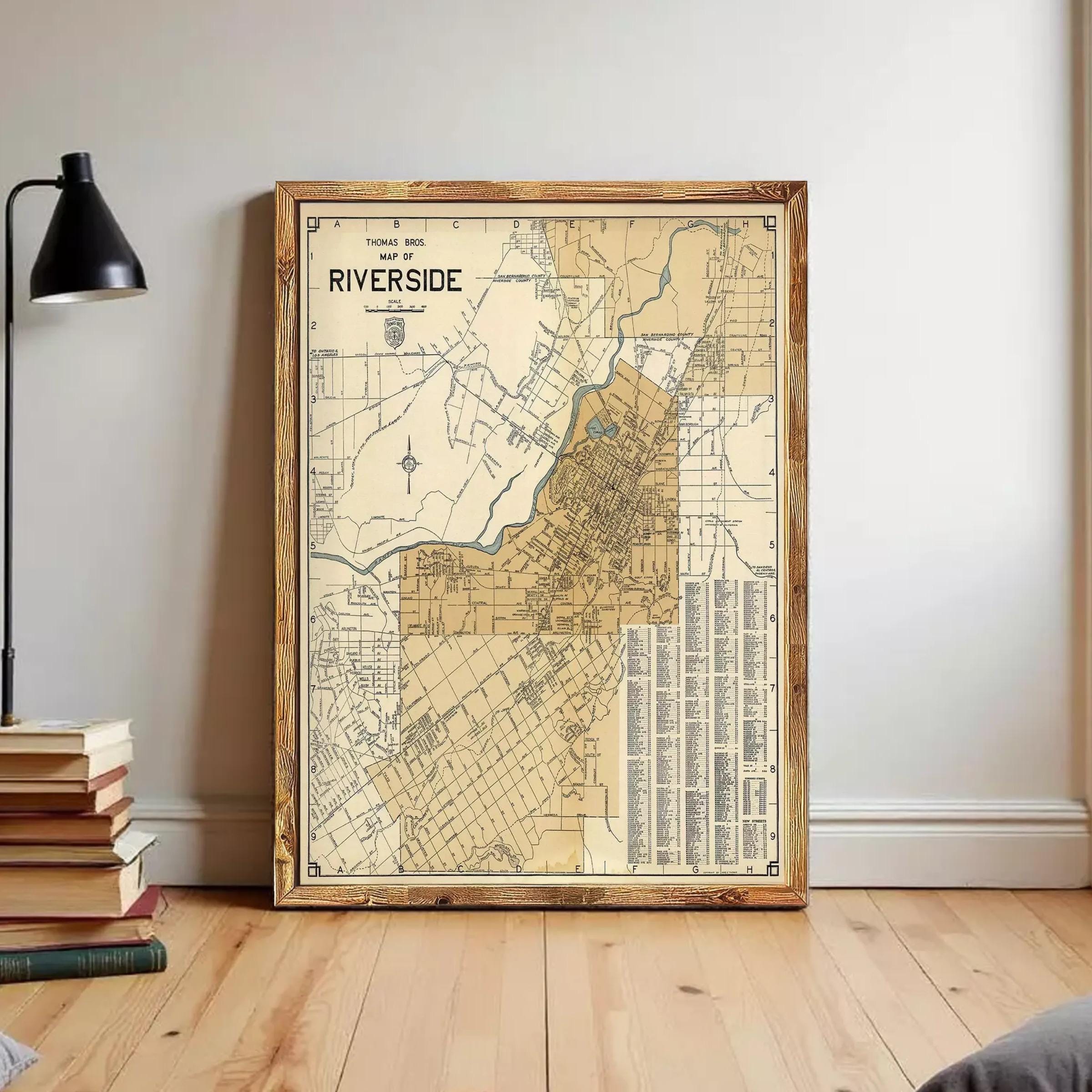 The image is a framed vintage map of the Thomas Bros. Riverside neighborhood, which is a part of the city of Los Angeles.
