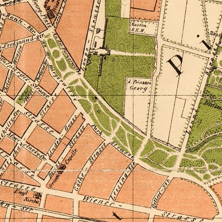 The image is a detailed map of a city, showing streets, buildings, and other urban features.