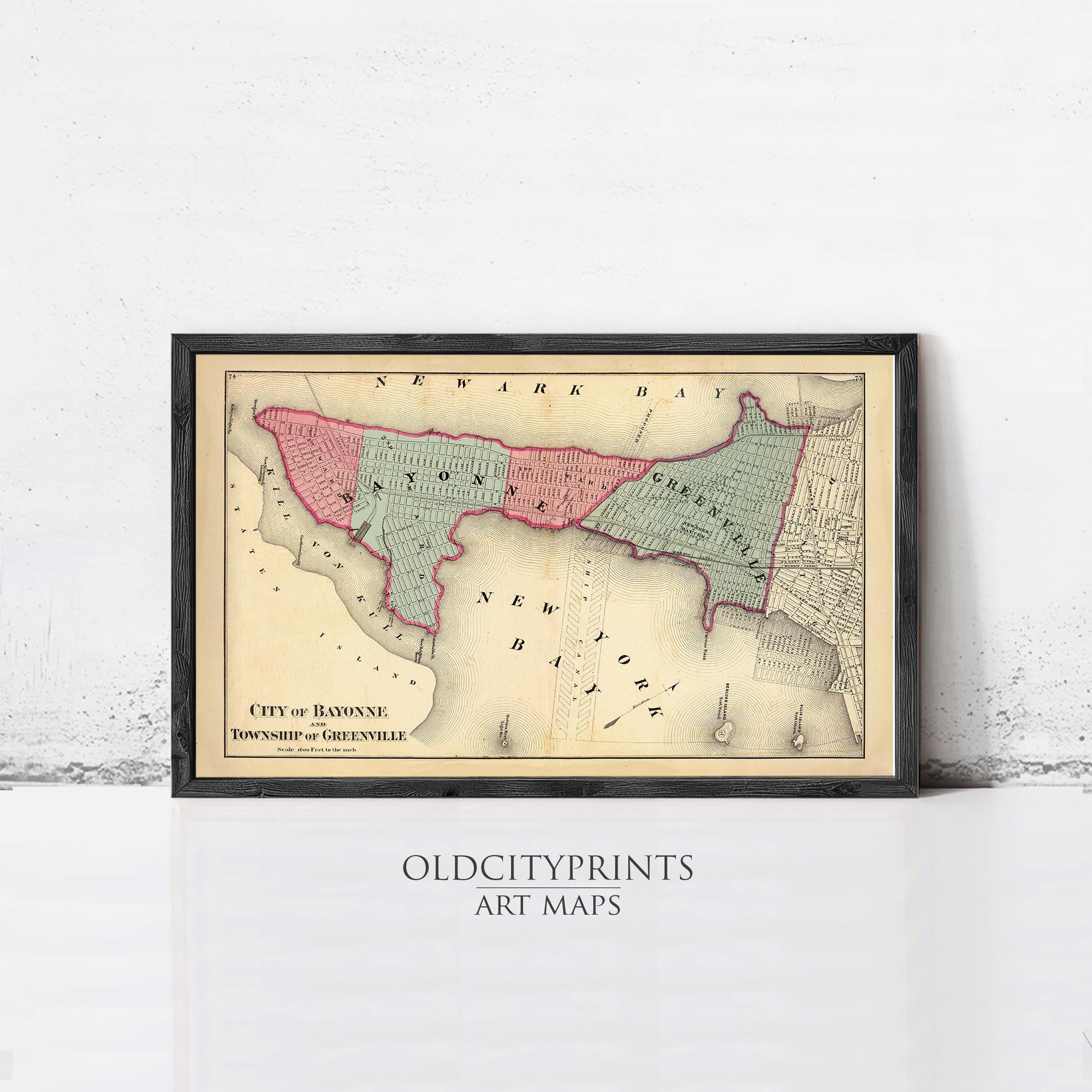 The image is a framed vintage map of the City of Bayonne, Louisiana, depicting the surrounding areas in a stylized manner.