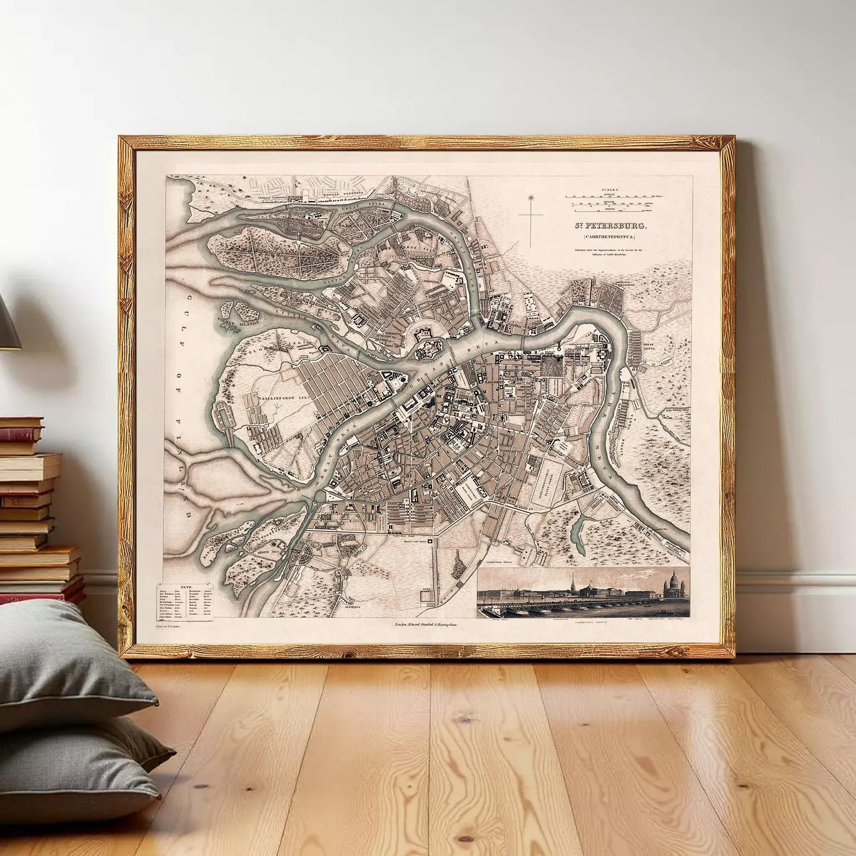 The image is a framed historical map of St. Petersburg, Russia, depicting the city's layout and surrounding areas.