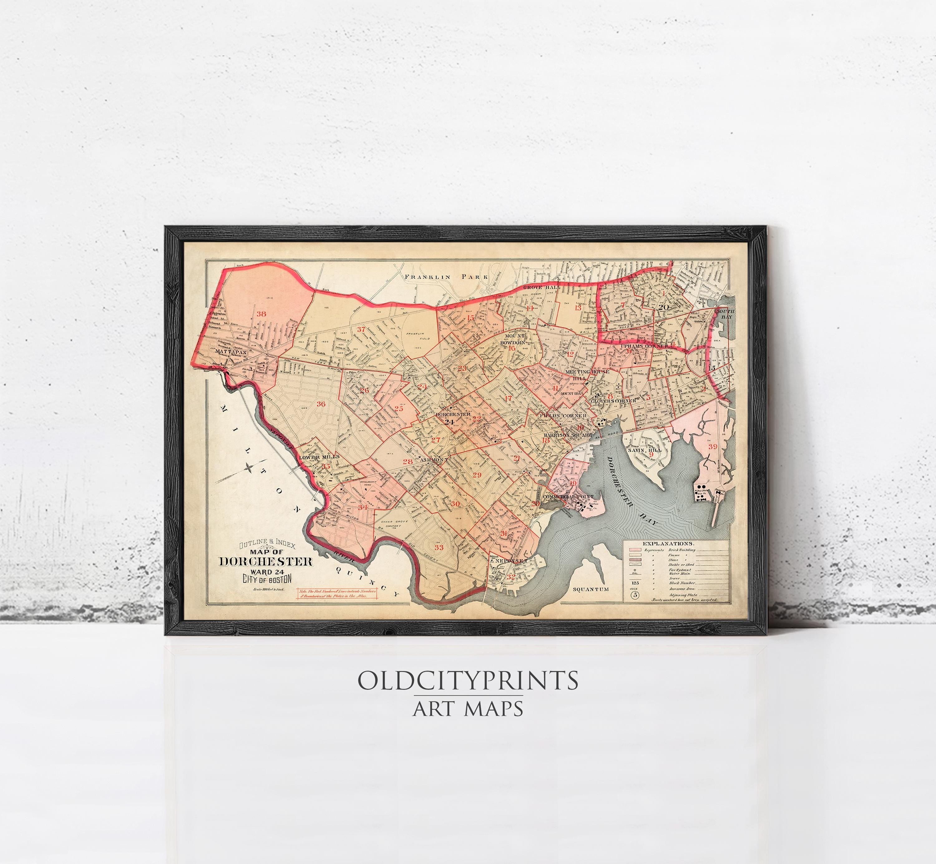 The image is a framed vintage map of Dorchester, Massachusetts, with a black border and a red outline.