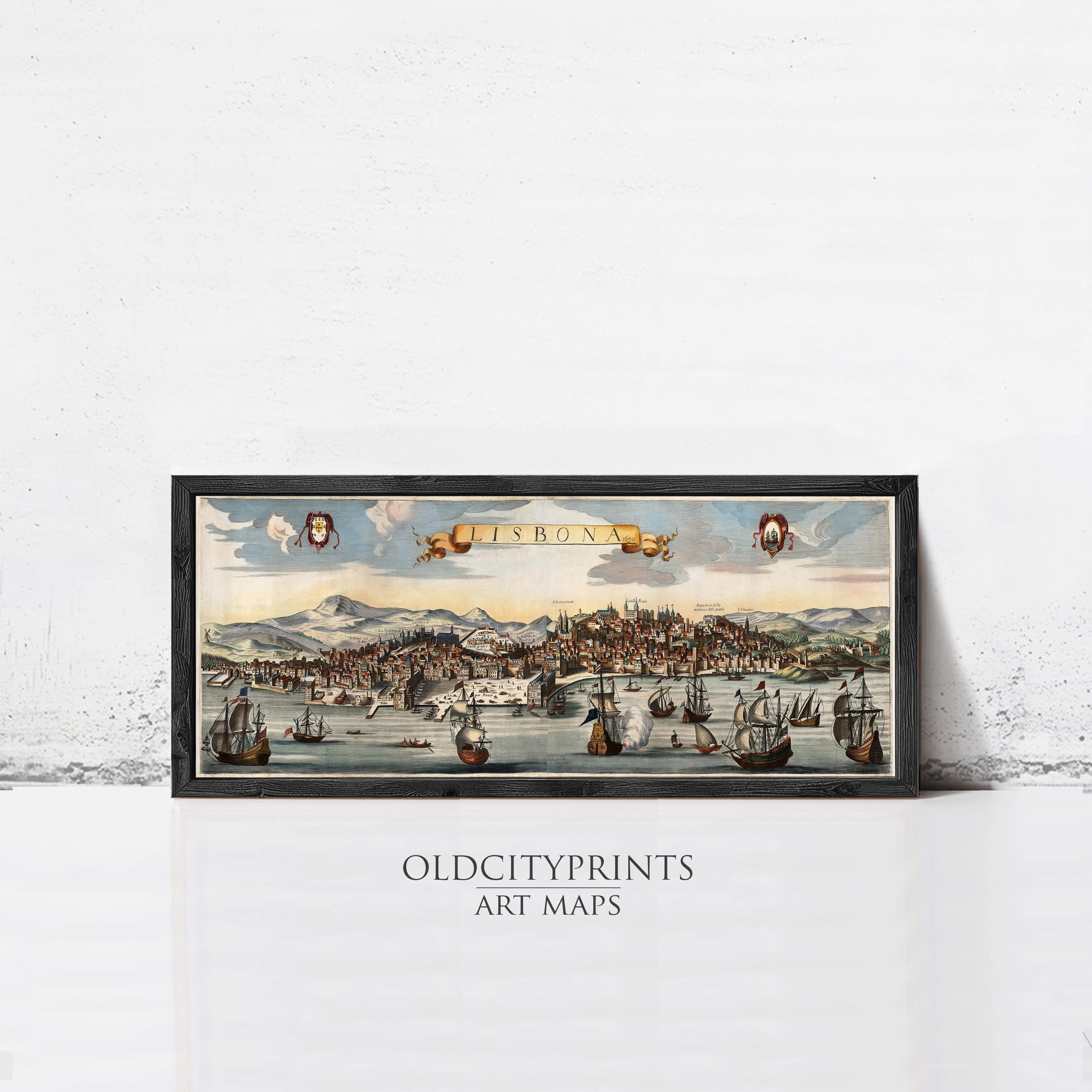 The image is a framed art print depicting a cityscape with ships and boats in the water, set against a mountainous background.