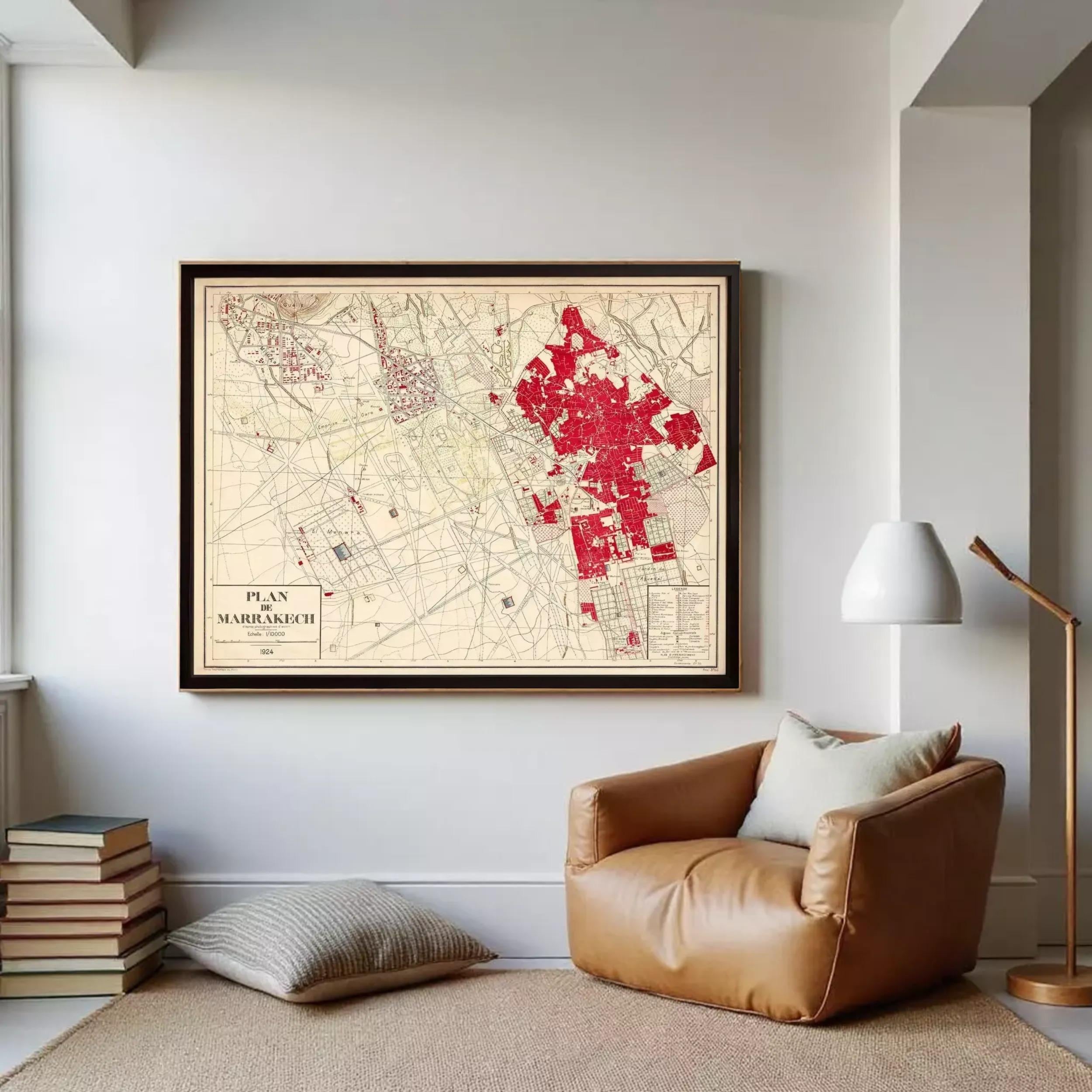 The image is a framed map of the city of Marrakech, Morocco, dated 1924.