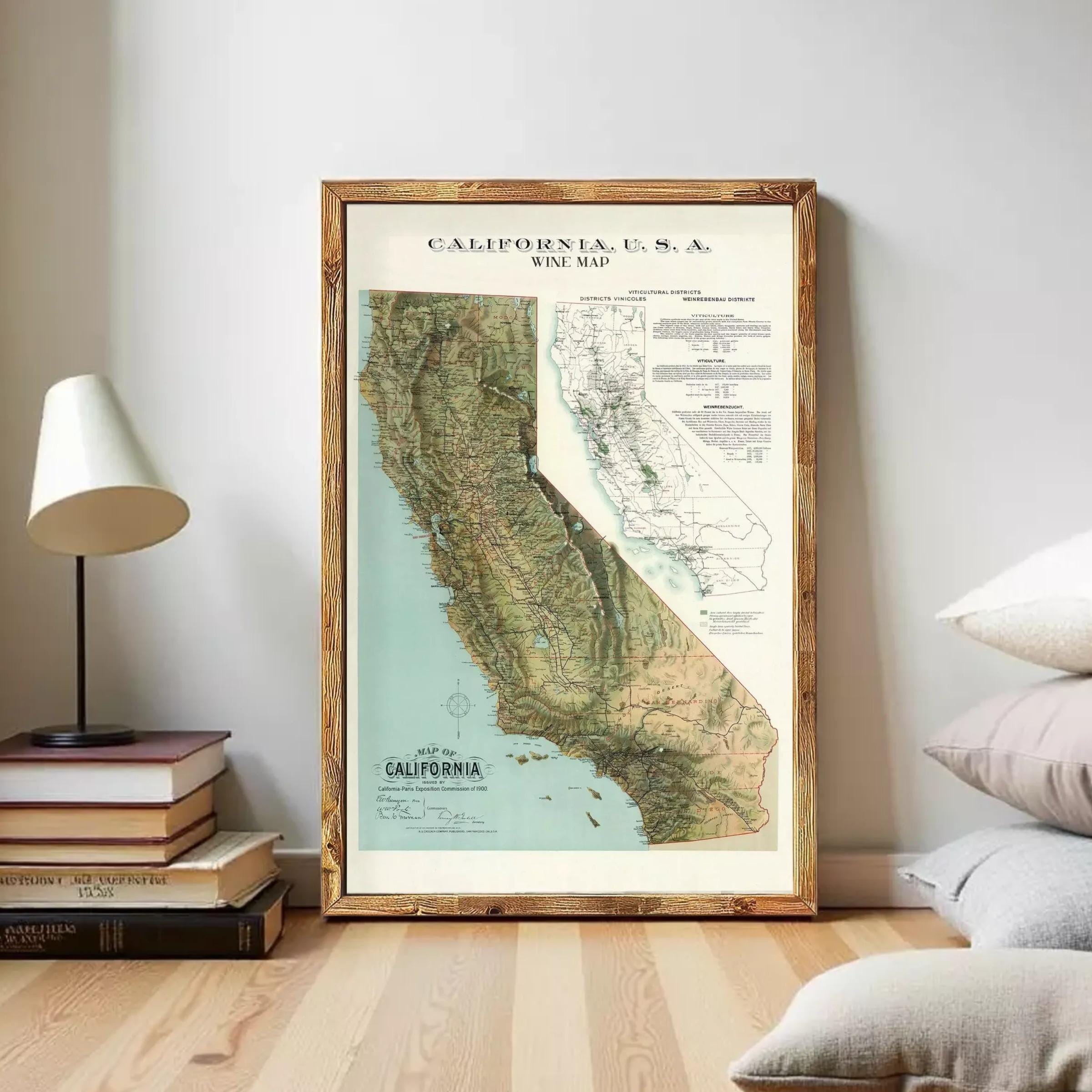 The image is a framed map of California, USA, depicting the state's geographical layout and wine-producing regions.