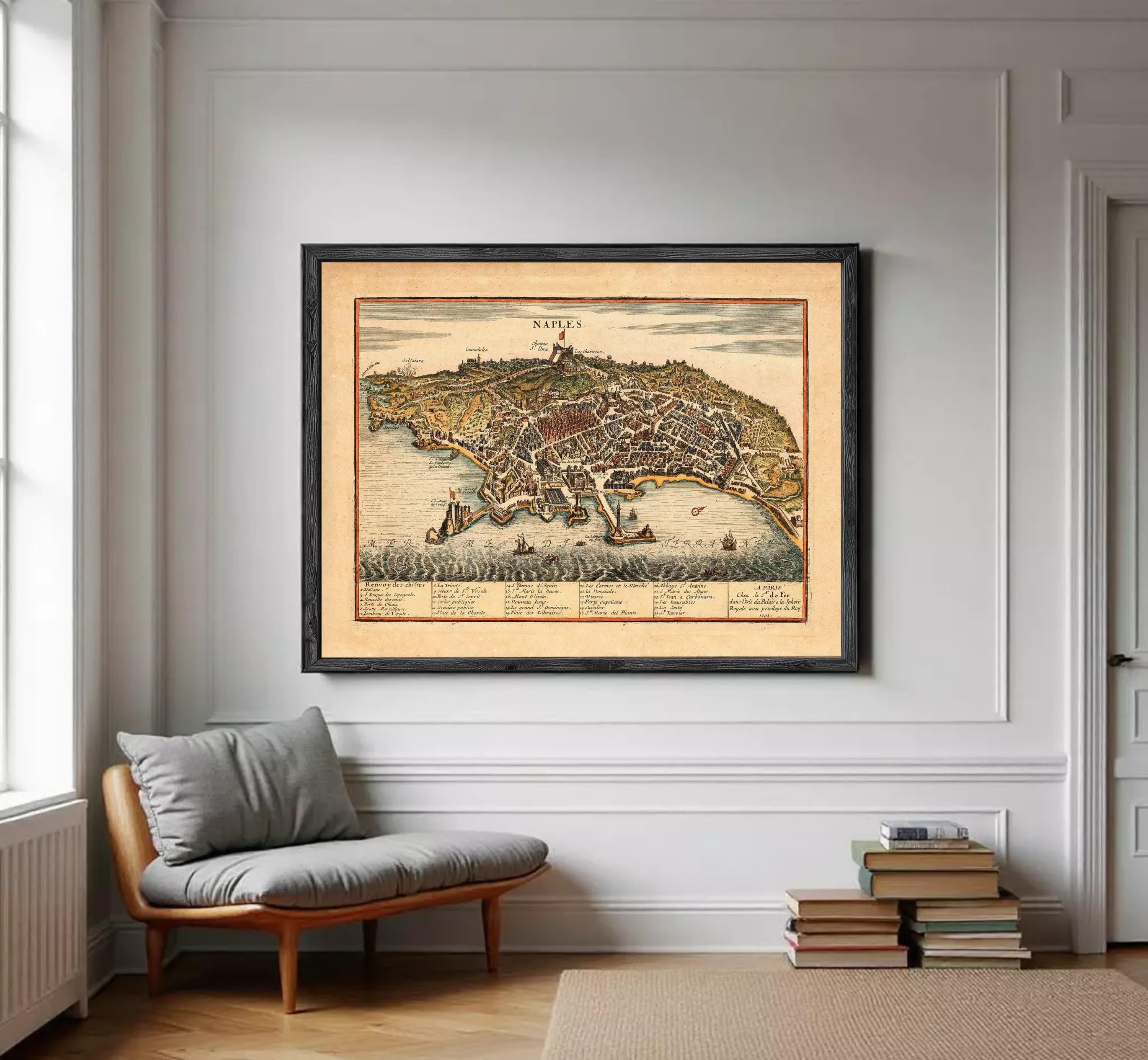 The image is a framed vintage map of Napoli, Italy, depicting the city's layout and surrounding areas.