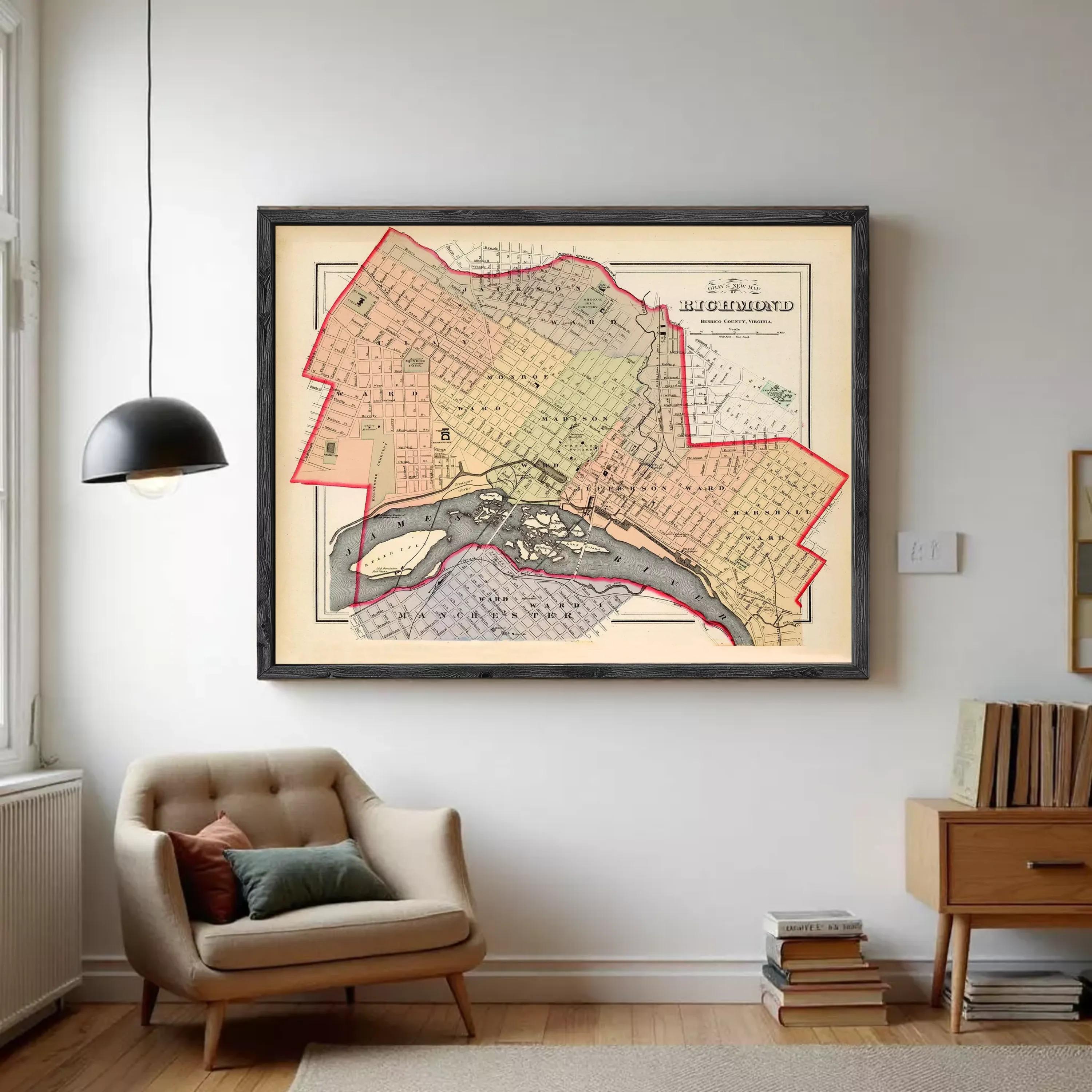 The image is a framed vintage map of St. Louis, Missouri, depicting the city's streets and surrounding areas.