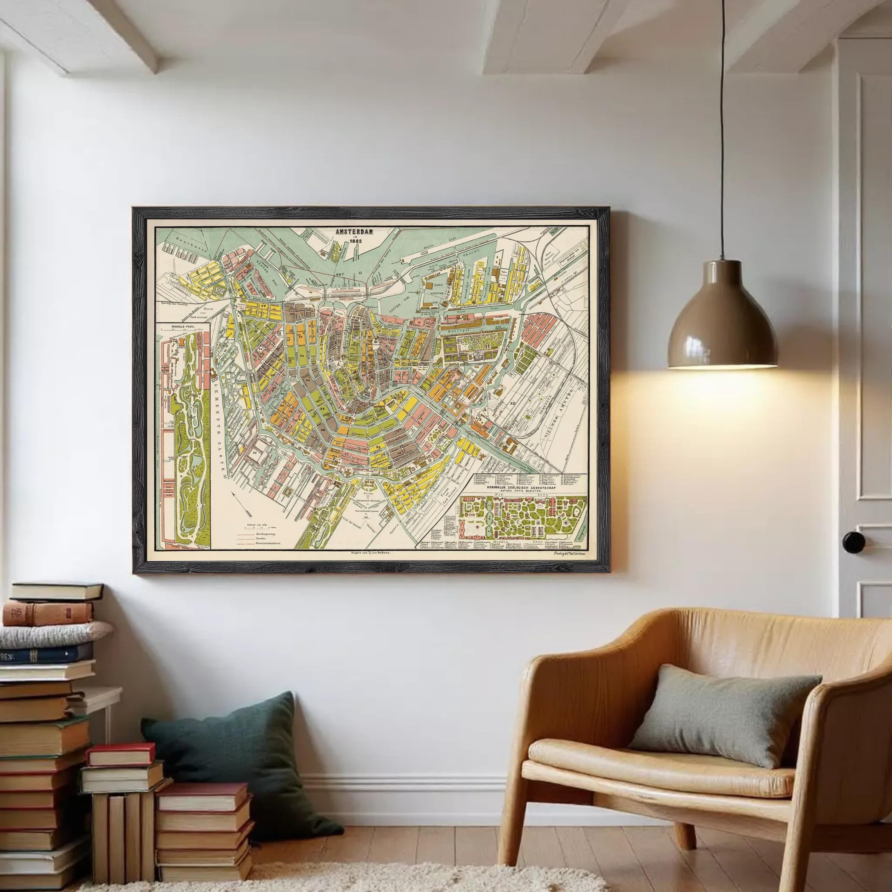 The image is a framed vintage map of Amsterdam, Netherlands, depicting the city's streets, canals, and surrounding areas.