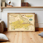 The image is a framed vintage map of Philadelphia, Pennsylvania, with a wooden frame.