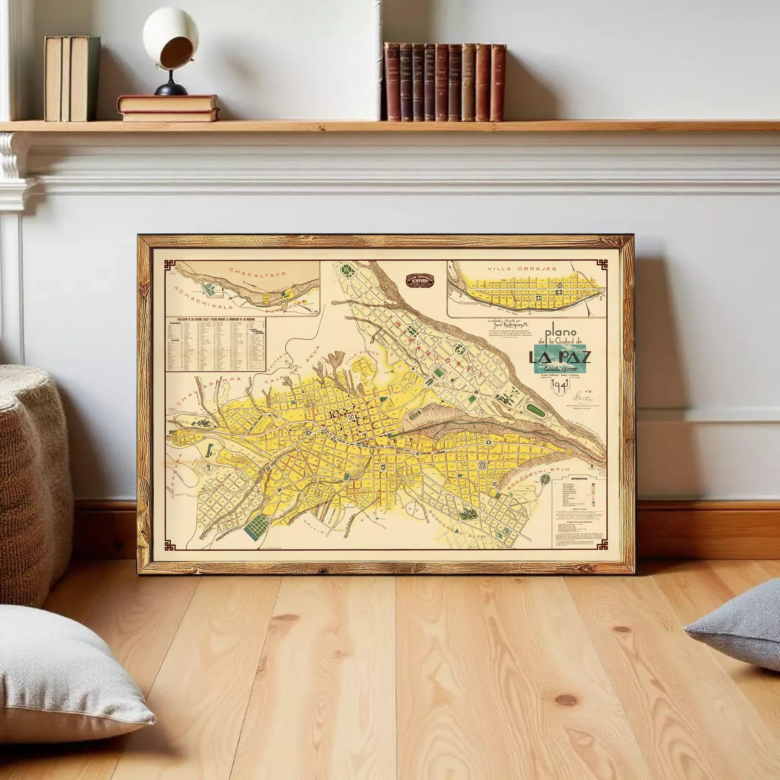 The image is a framed vintage map of Philadelphia, Pennsylvania, with a wooden frame.