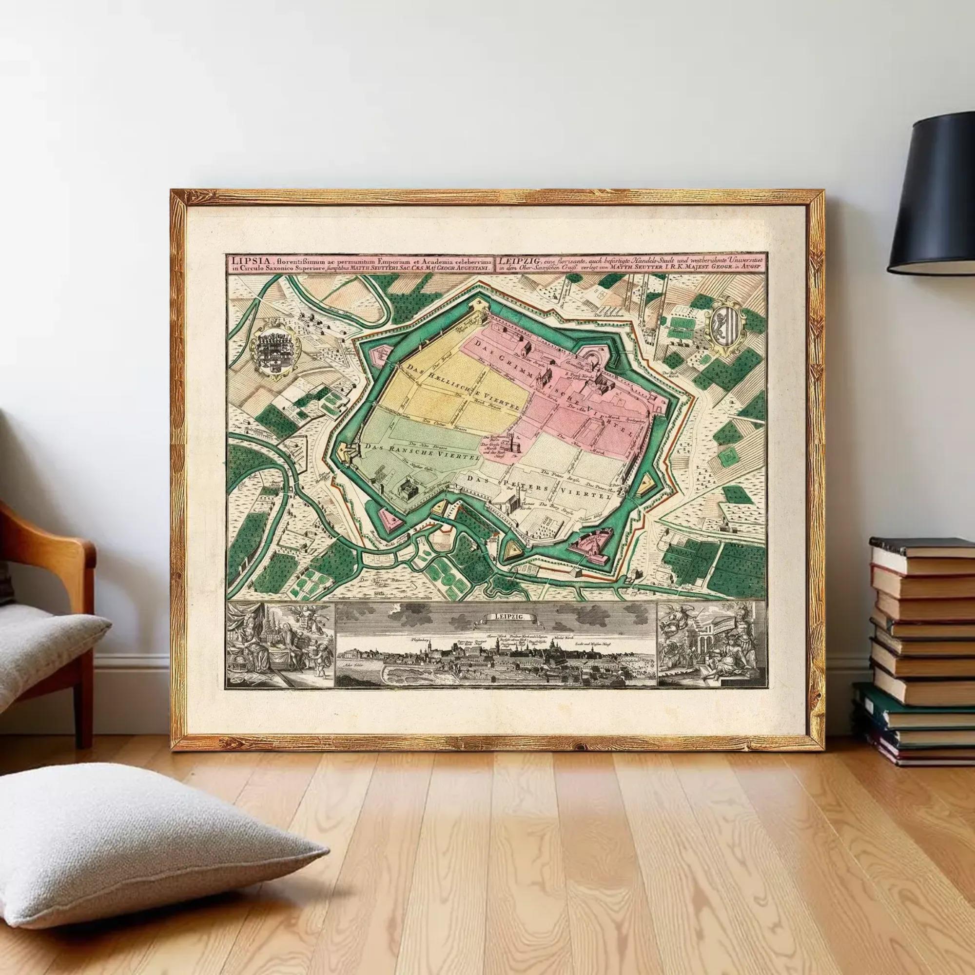 The image is a framed vintage map of a city, depicting a detailed layout of the city's streets, landmarks, and surrounding areas.