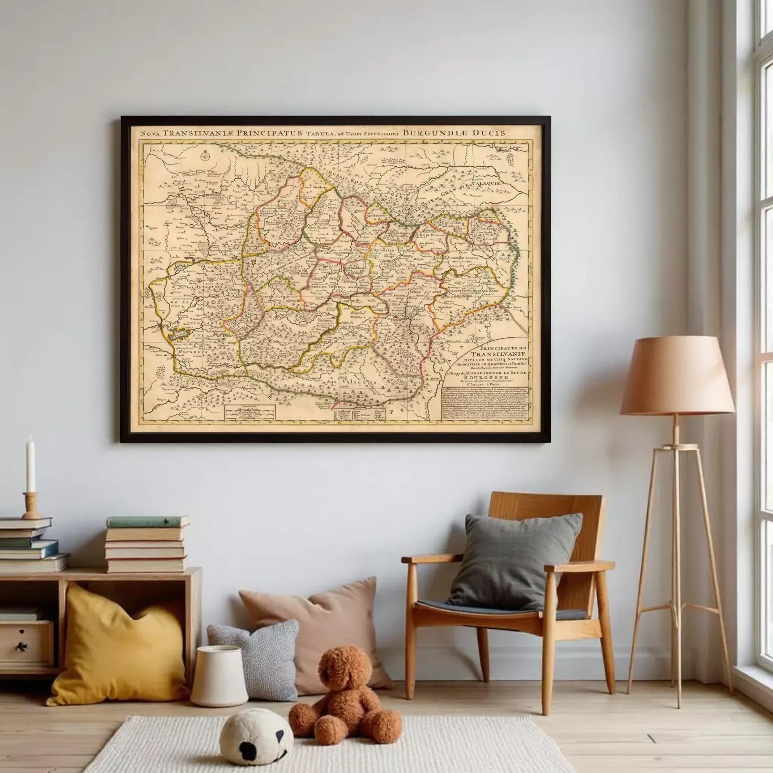 The image is a framed vintage map of a region, likely a country or region, with detailed geographical markings and labels.