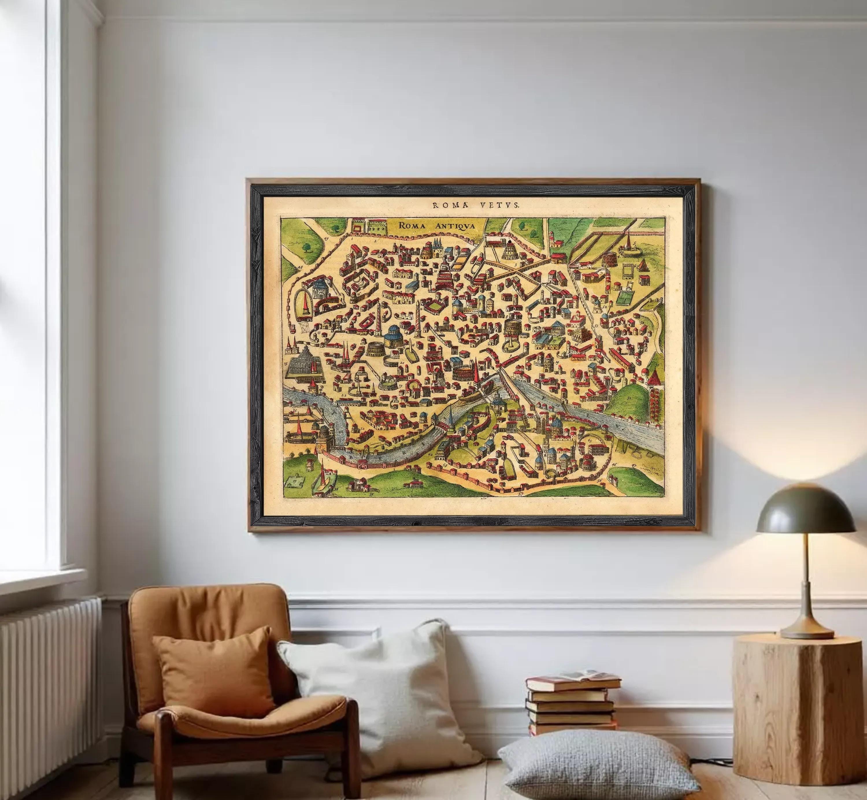 The image is a framed vintage map of Rome, Italy, depicting the city's layout and surrounding areas.