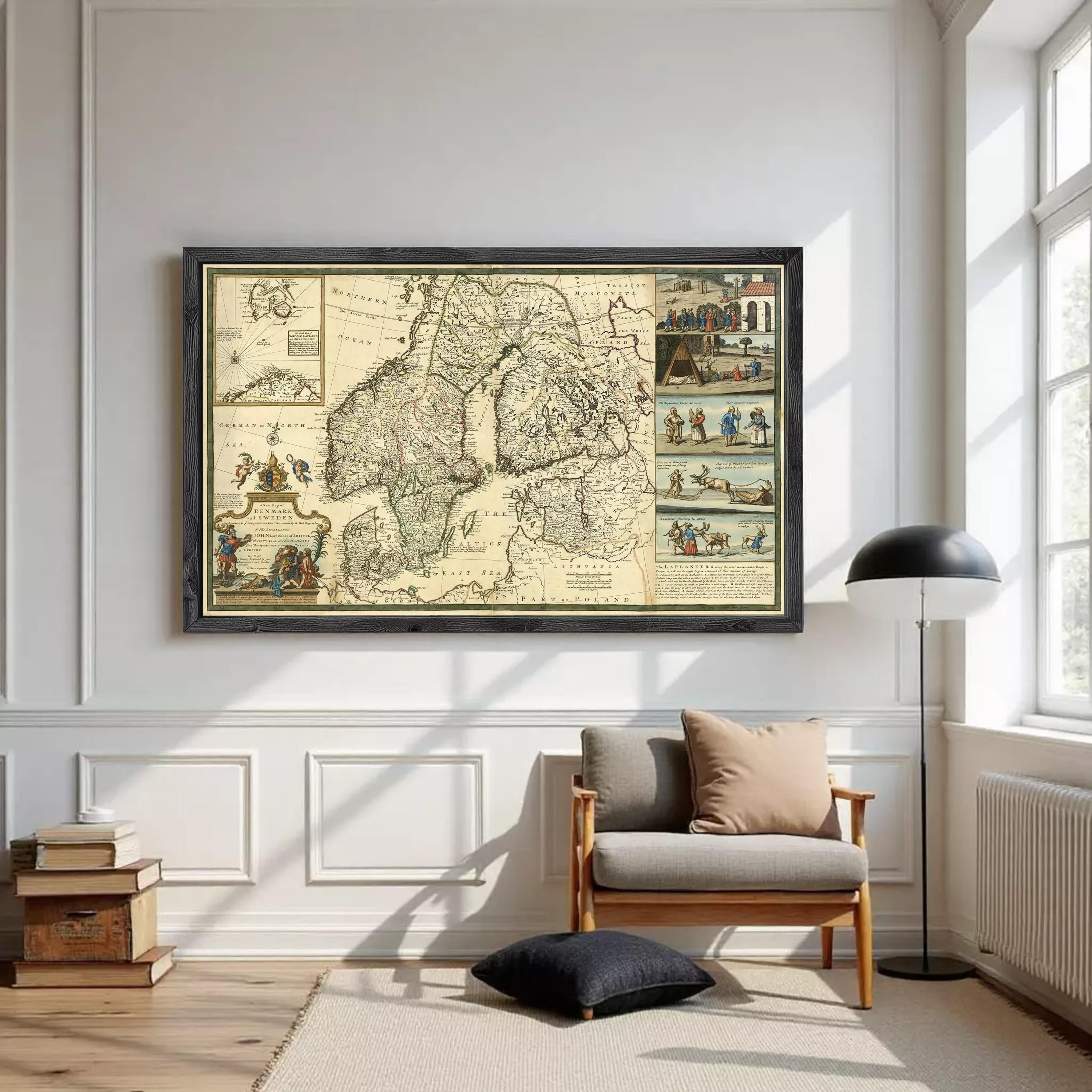 The image is a framed antique map of Europe, depicting various regions and landmarks.