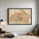 The image is a framed map of a city, showing various streets, buildings, and other urban features.