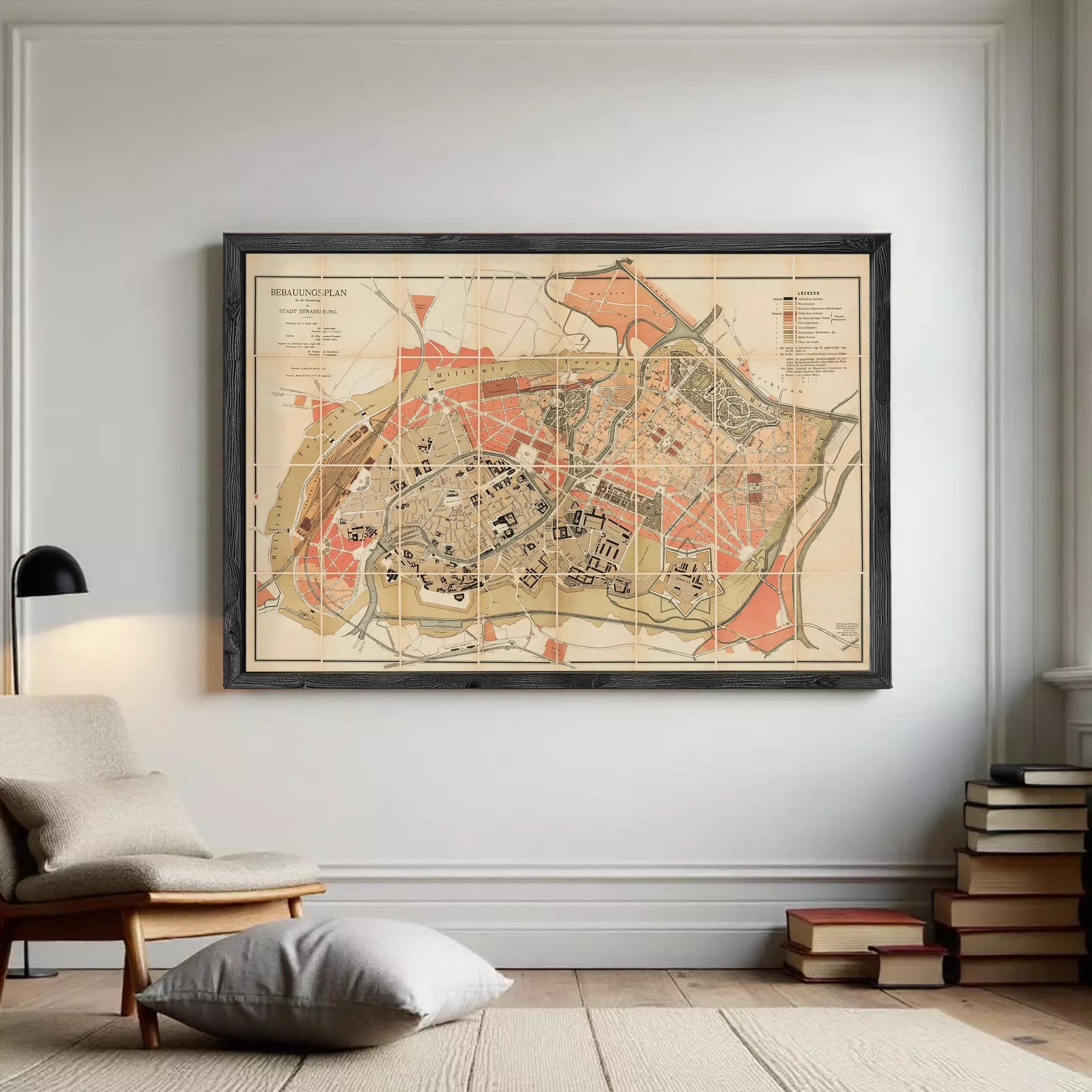 The image is a framed map of a city, showing various streets, buildings, and other urban features.