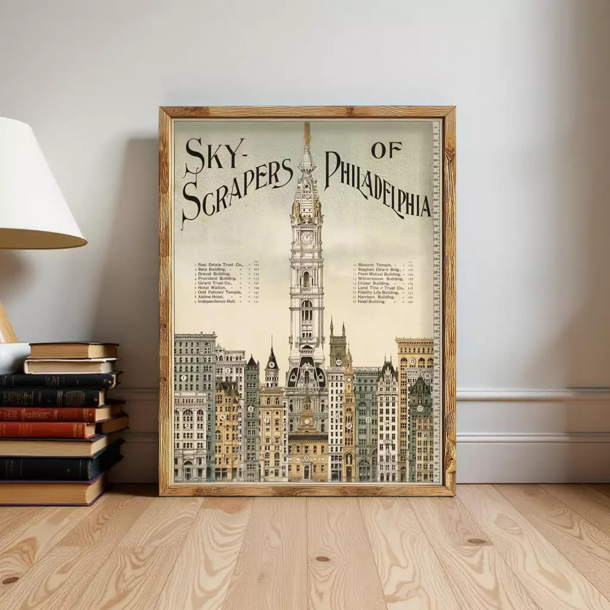 A framed poster of the Philadelphia skyline, featuring the Philadelphia City Hall building prominently in the center.