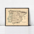 The image is a framed vintage map of Spain and Portugal, depicting the two countries in a detailed and intricate manner.