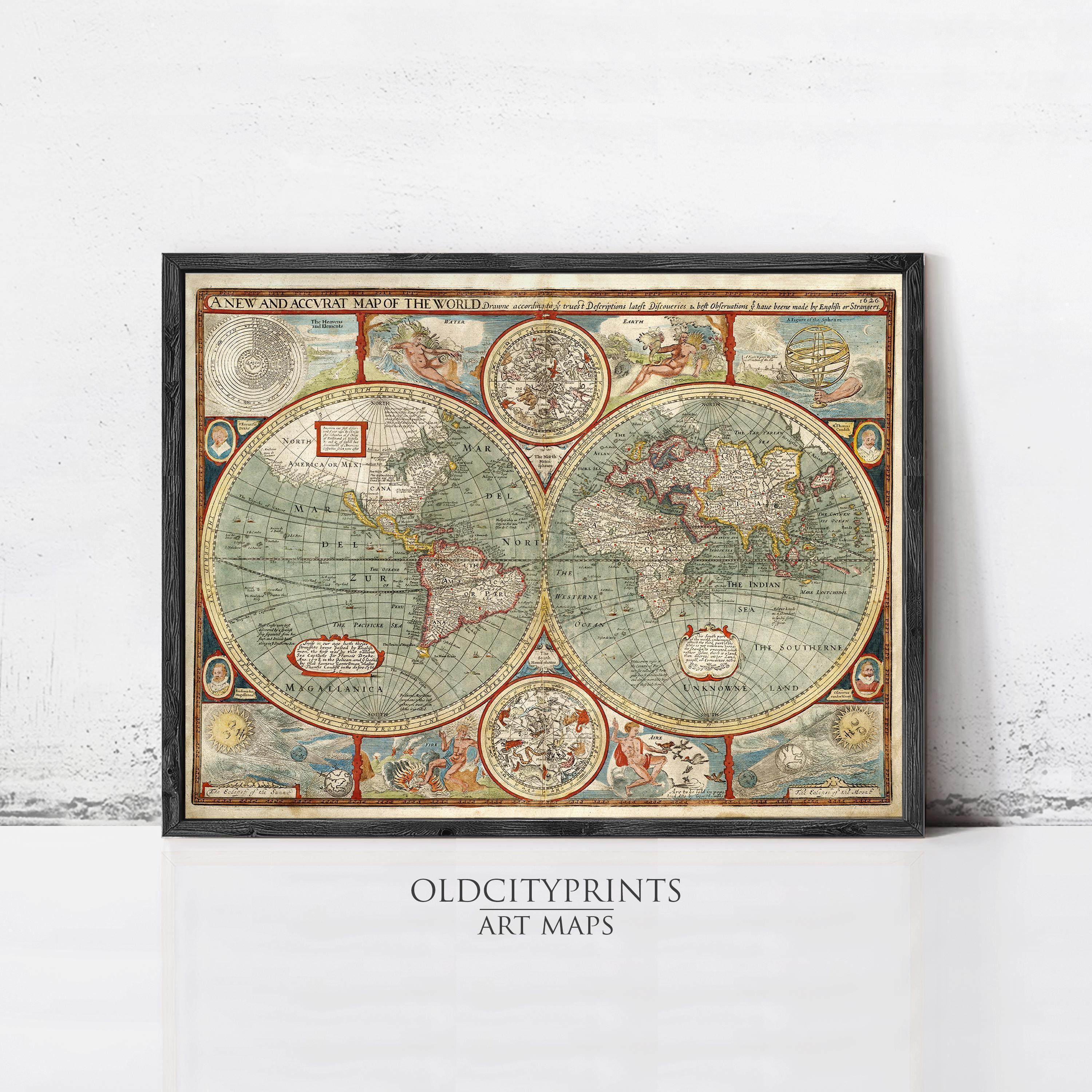 The image is a framed vintage map of the world, featuring intricate details and colorful illustrations.