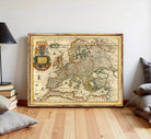 The image is a framed antique map of Europe, featuring detailed cartography and geographical information.