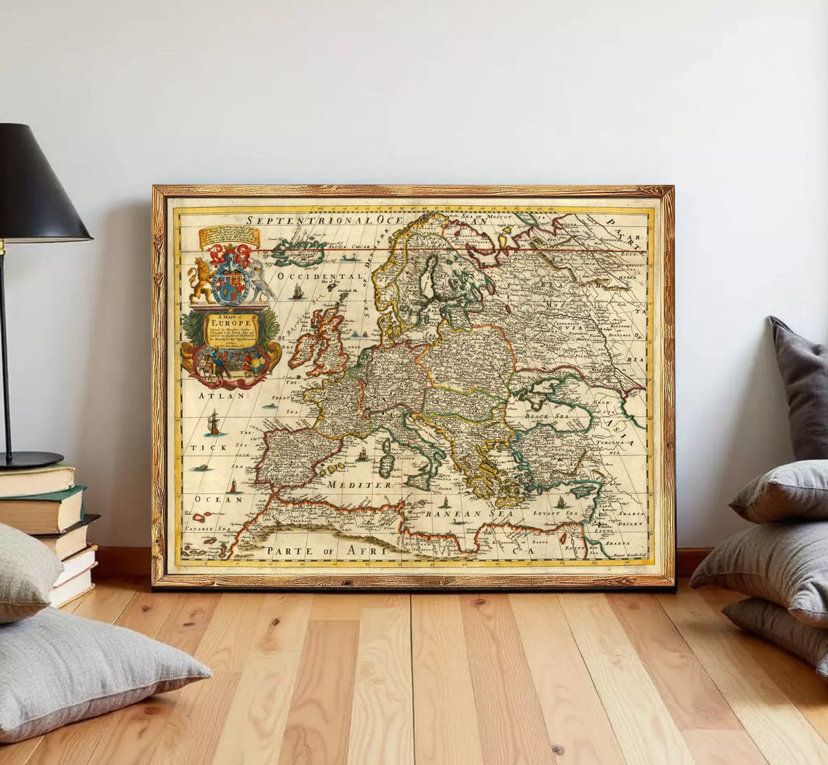 The image is a framed antique map of Europe, featuring detailed cartography and geographical information.