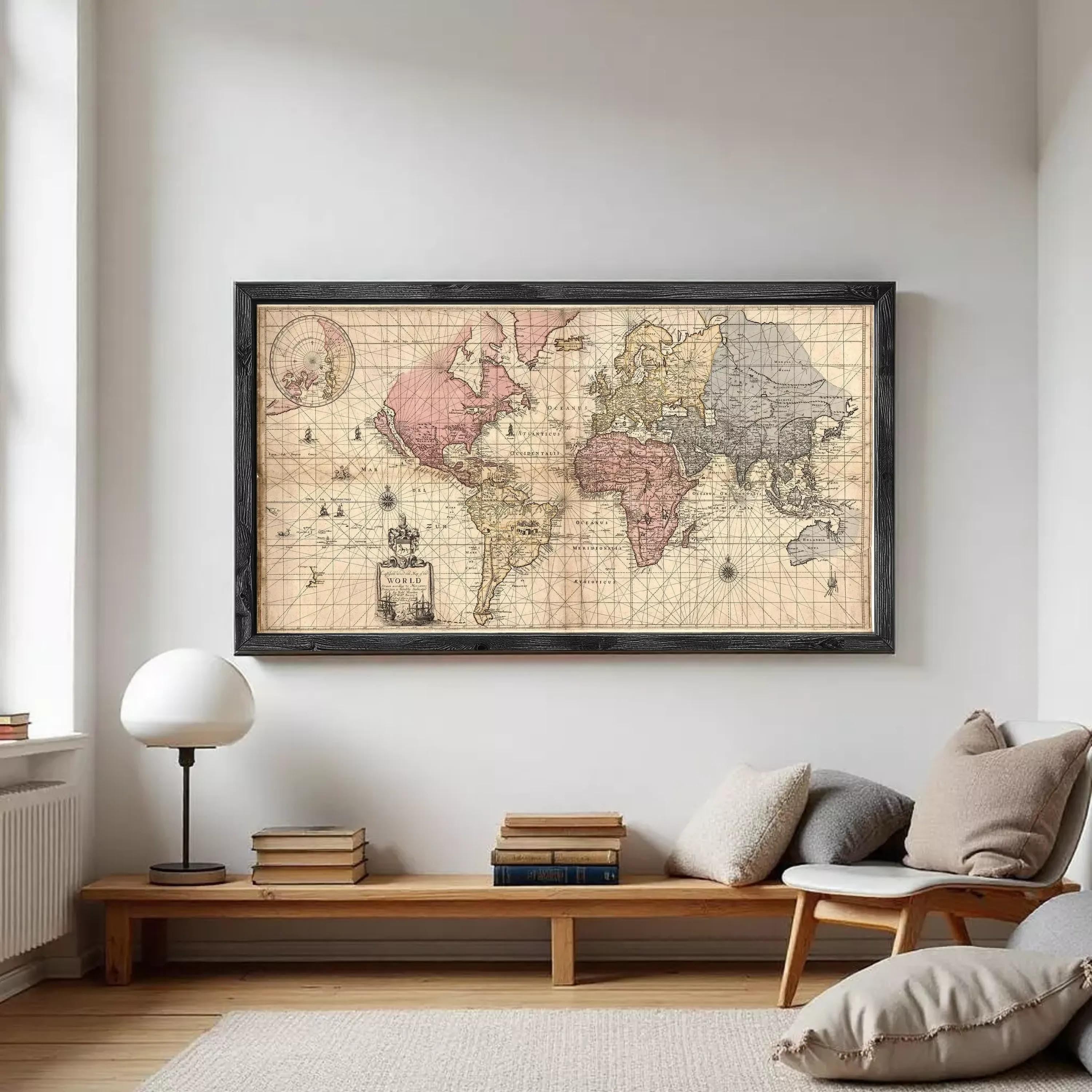 A framed vintage map of the world, depicting the continents and oceans in a detailed and intricate manner.