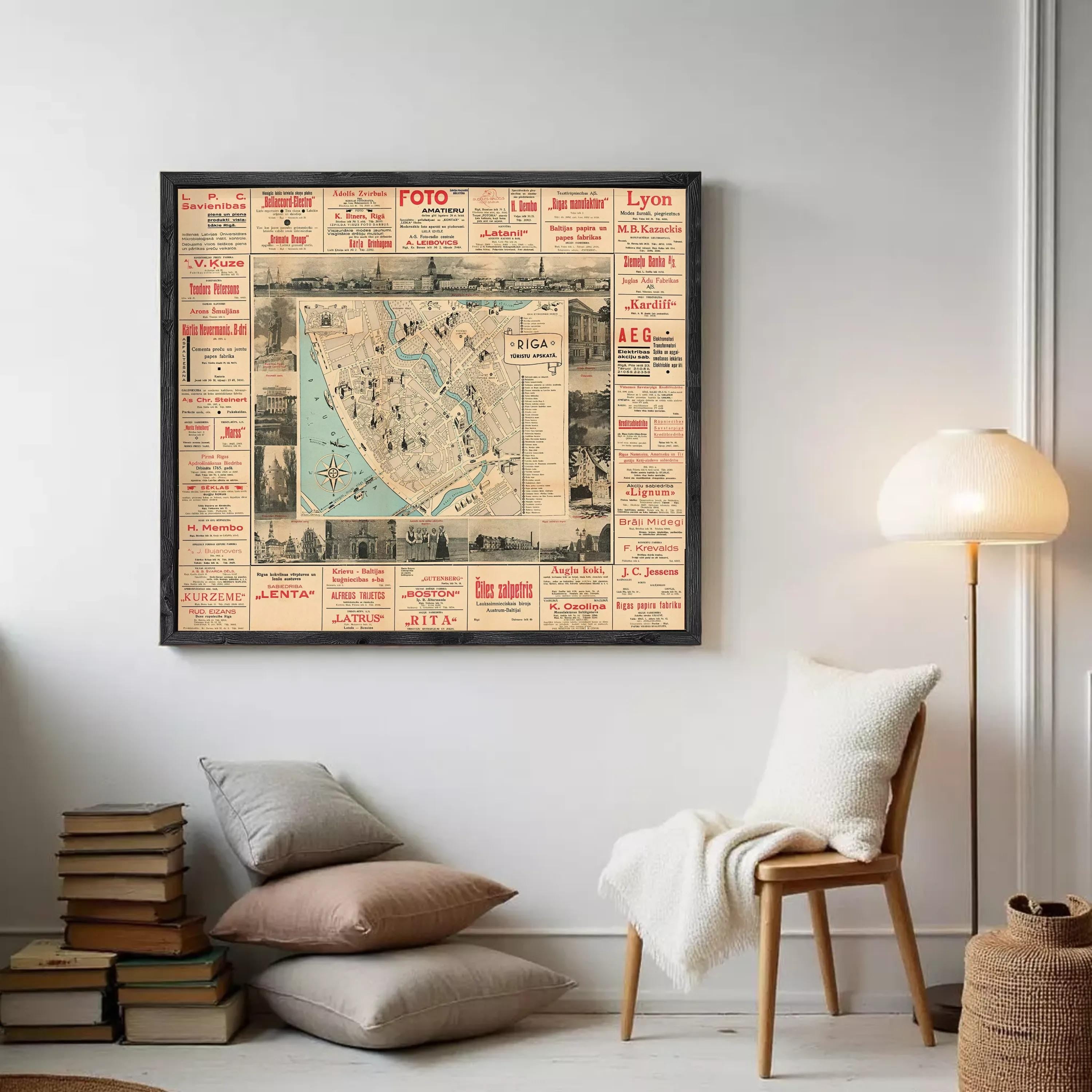 The image is a framed vintage map of Lyon, France, featuring various landmarks and locations within the city.
