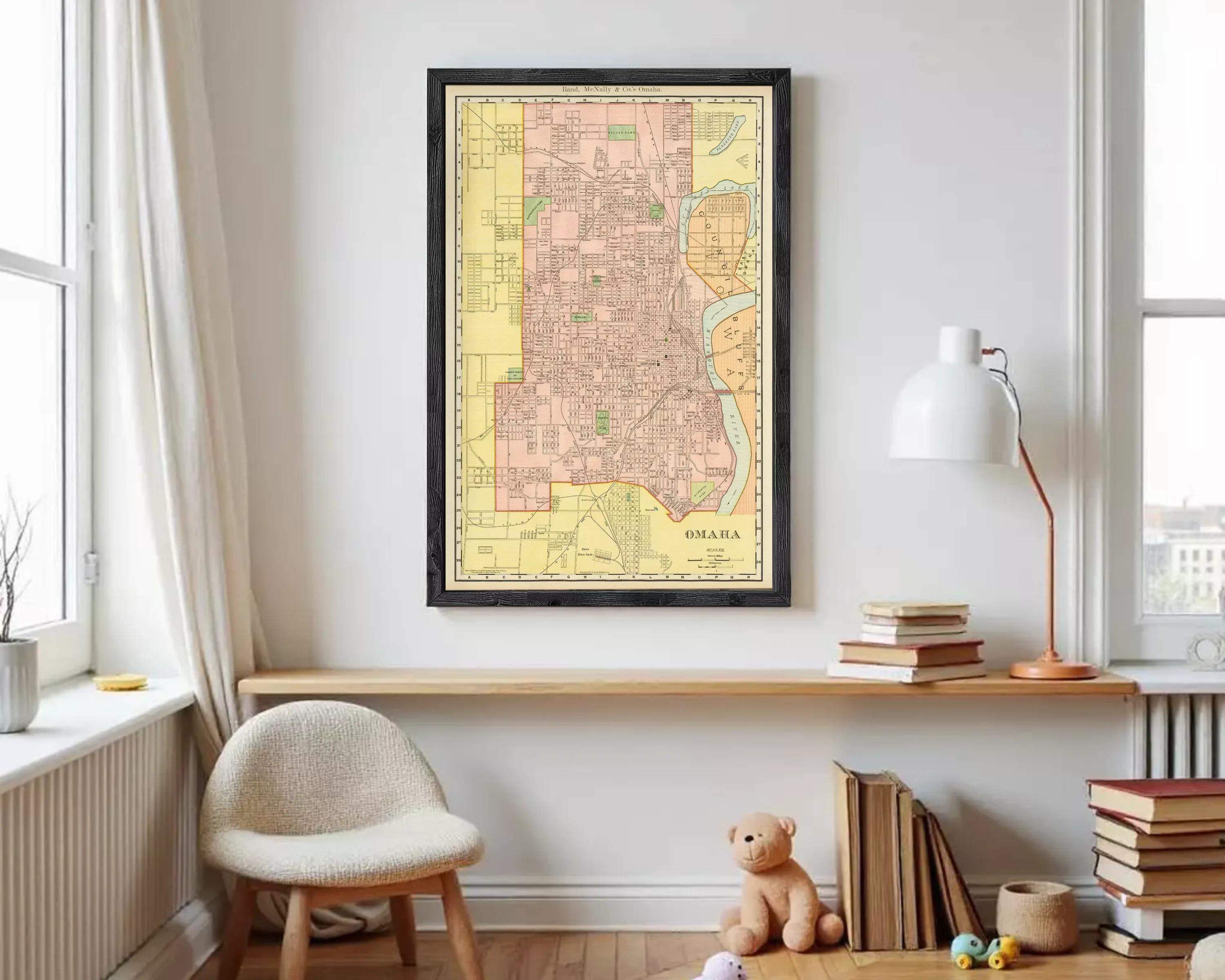 The image is a framed vintage map of Omaha, Nebraska, showing the city's layout and surrounding areas.