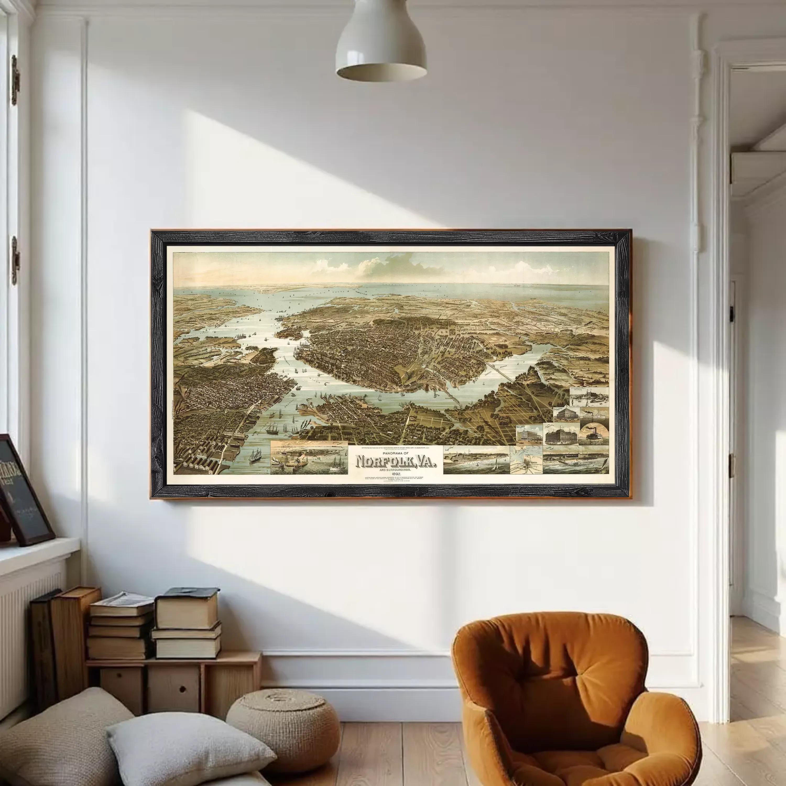 The image is a framed vintage map of Norfolk, Virginia, depicting the city's layout and surrounding areas.