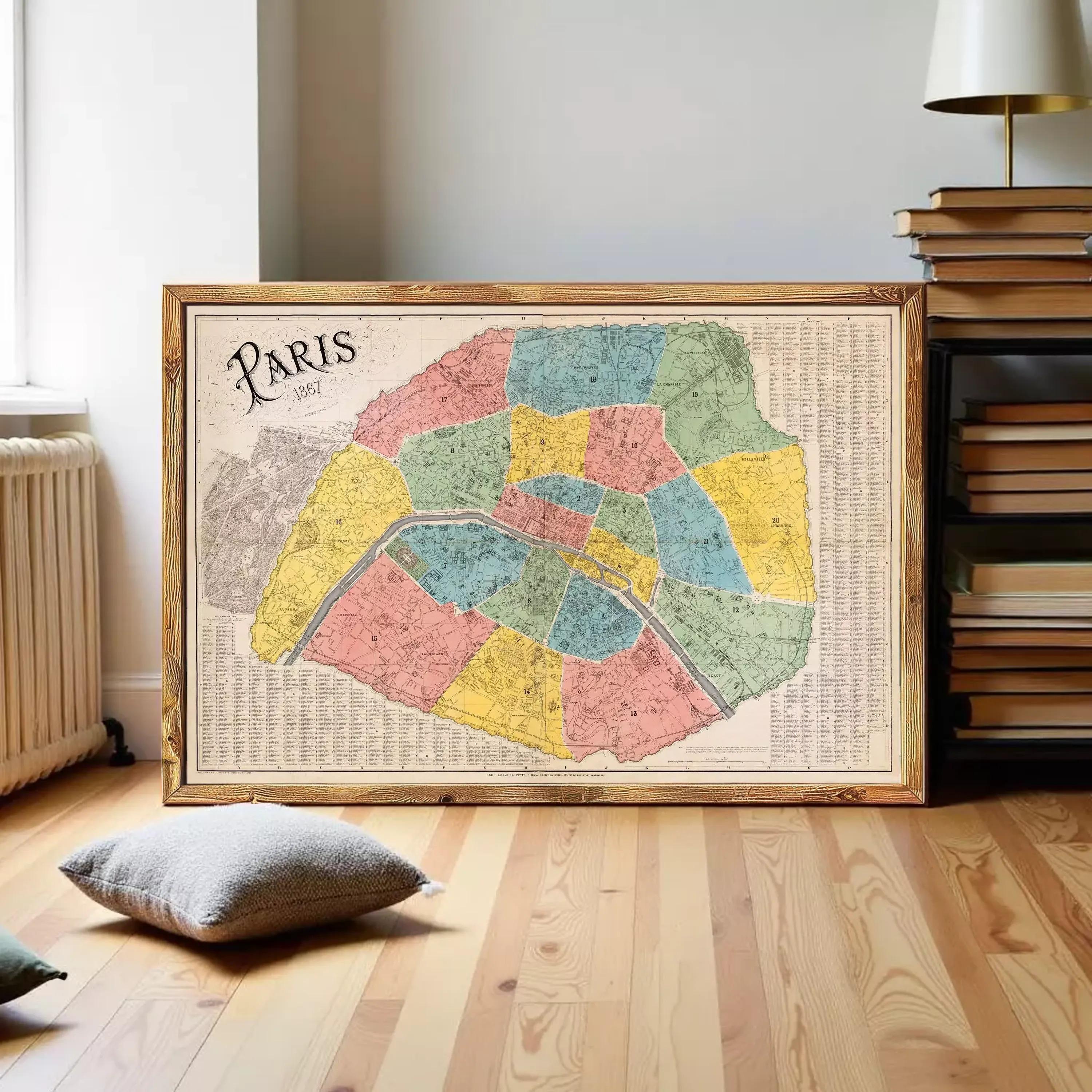 The image is a framed vintage map of Paris, France, depicting the city in a colorful and detailed manner.