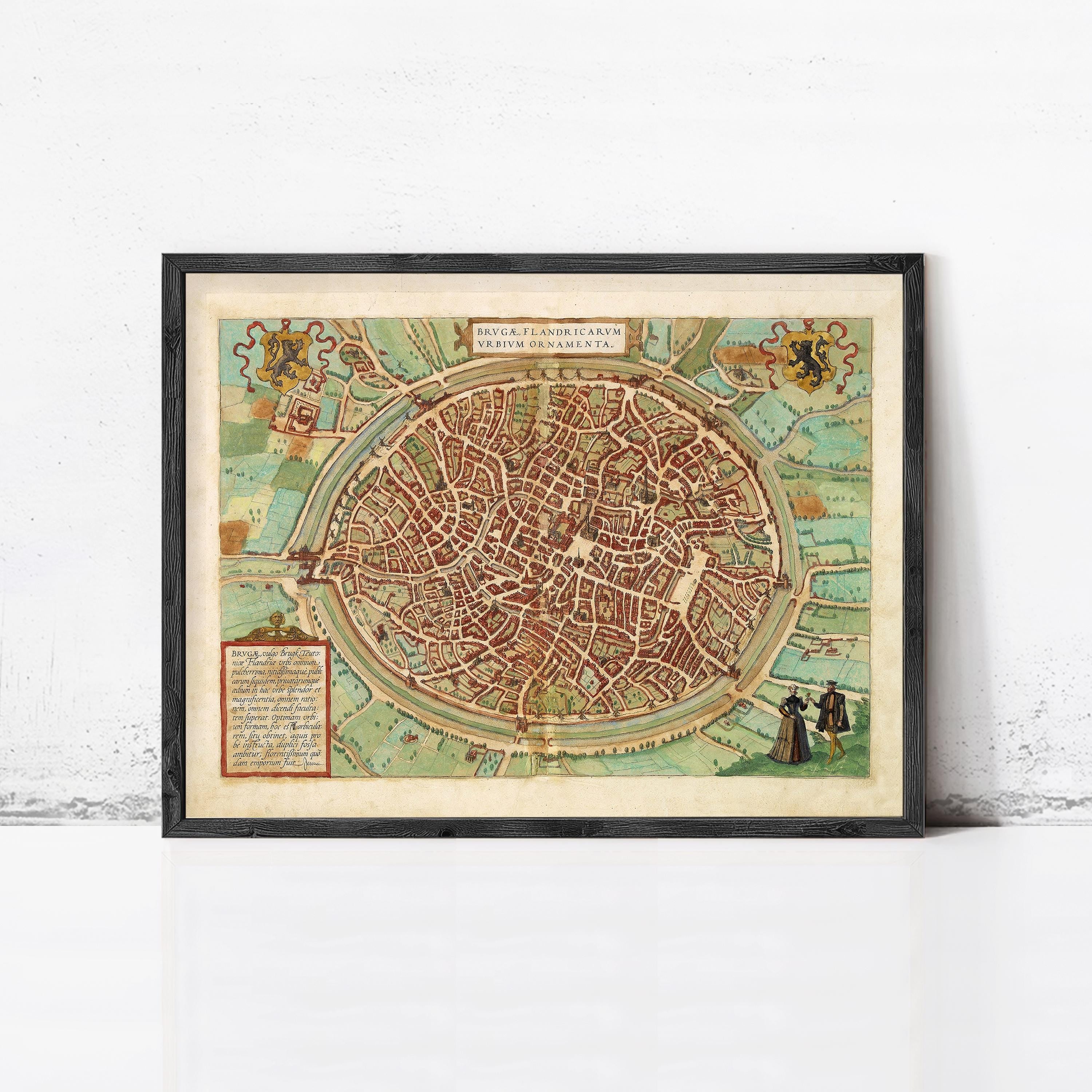 The image is a framed vintage map of a city, likely from the 16th century, depicting a detailed and intricate layout of the urban area.