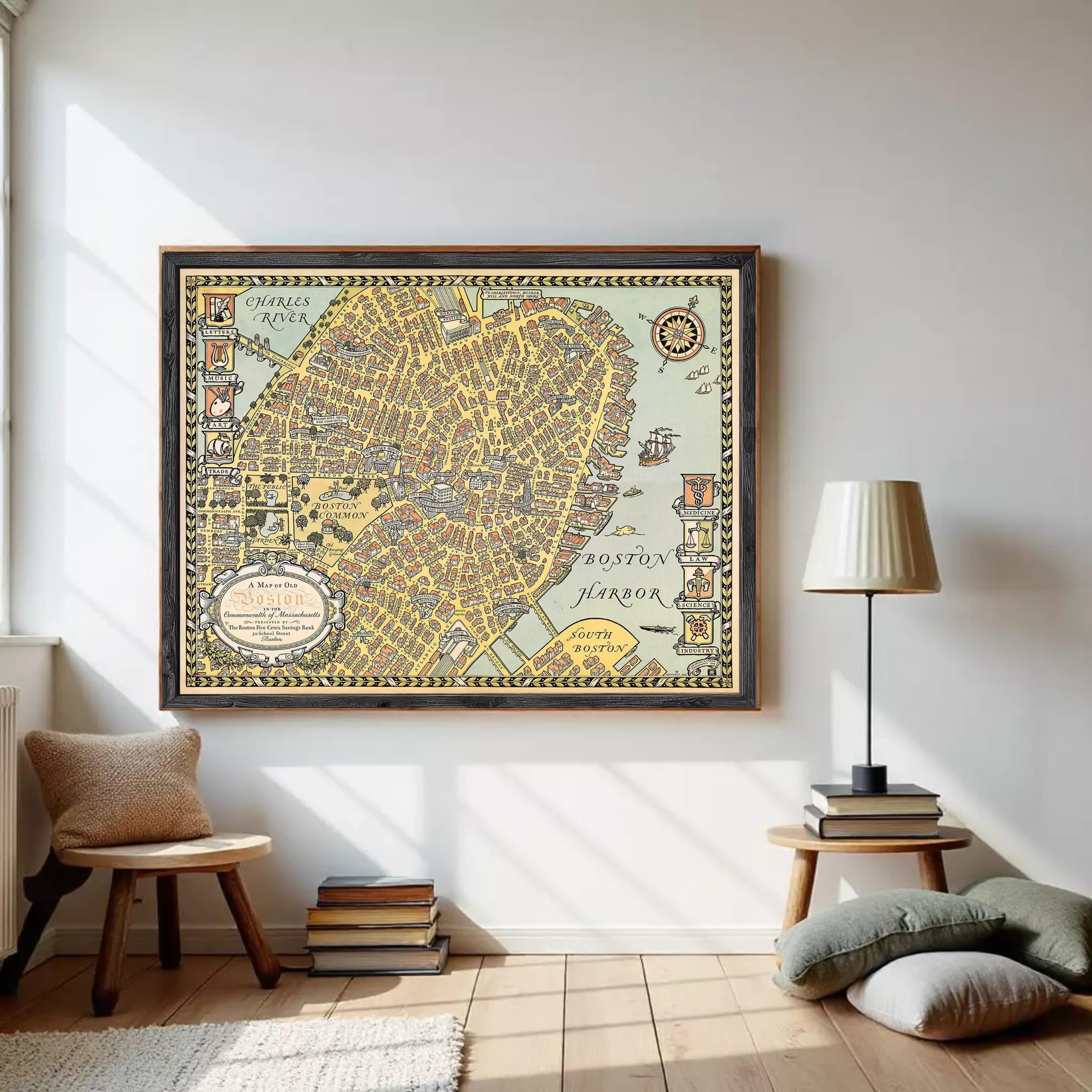 A framed vintage map of Boston, Massachusetts, depicting the city's streets and surrounding areas.