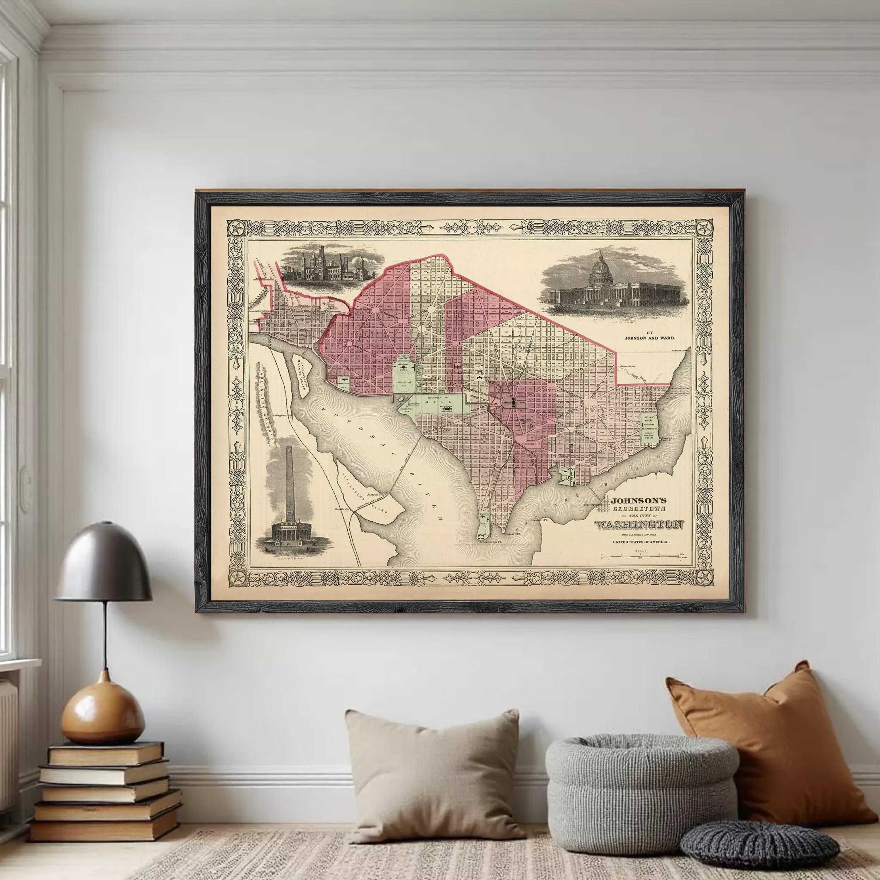 The image is a framed vintage map of Washington, D.C.