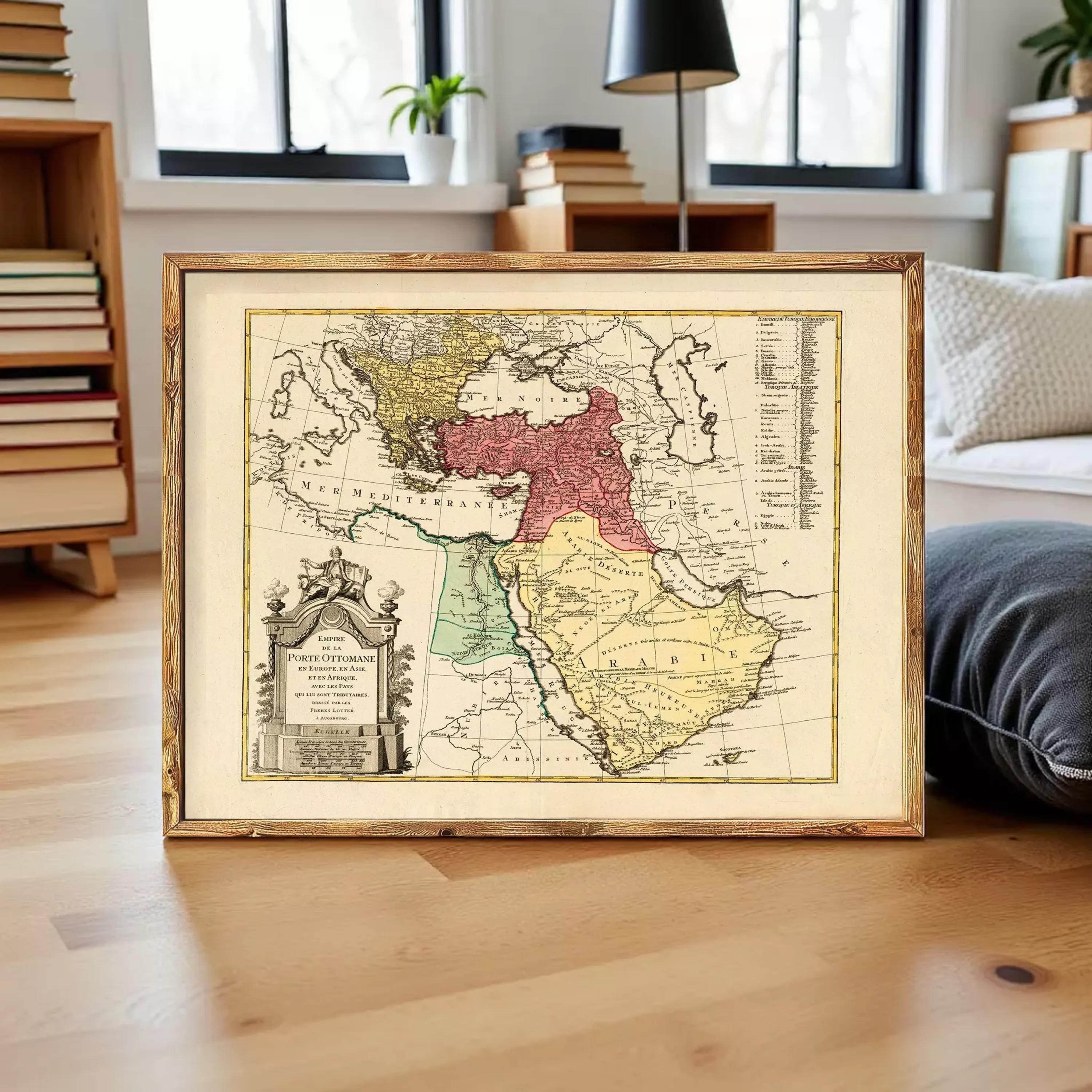 The image is a framed antique map of the Middle East and North Africa, depicting the region in a vintage style.