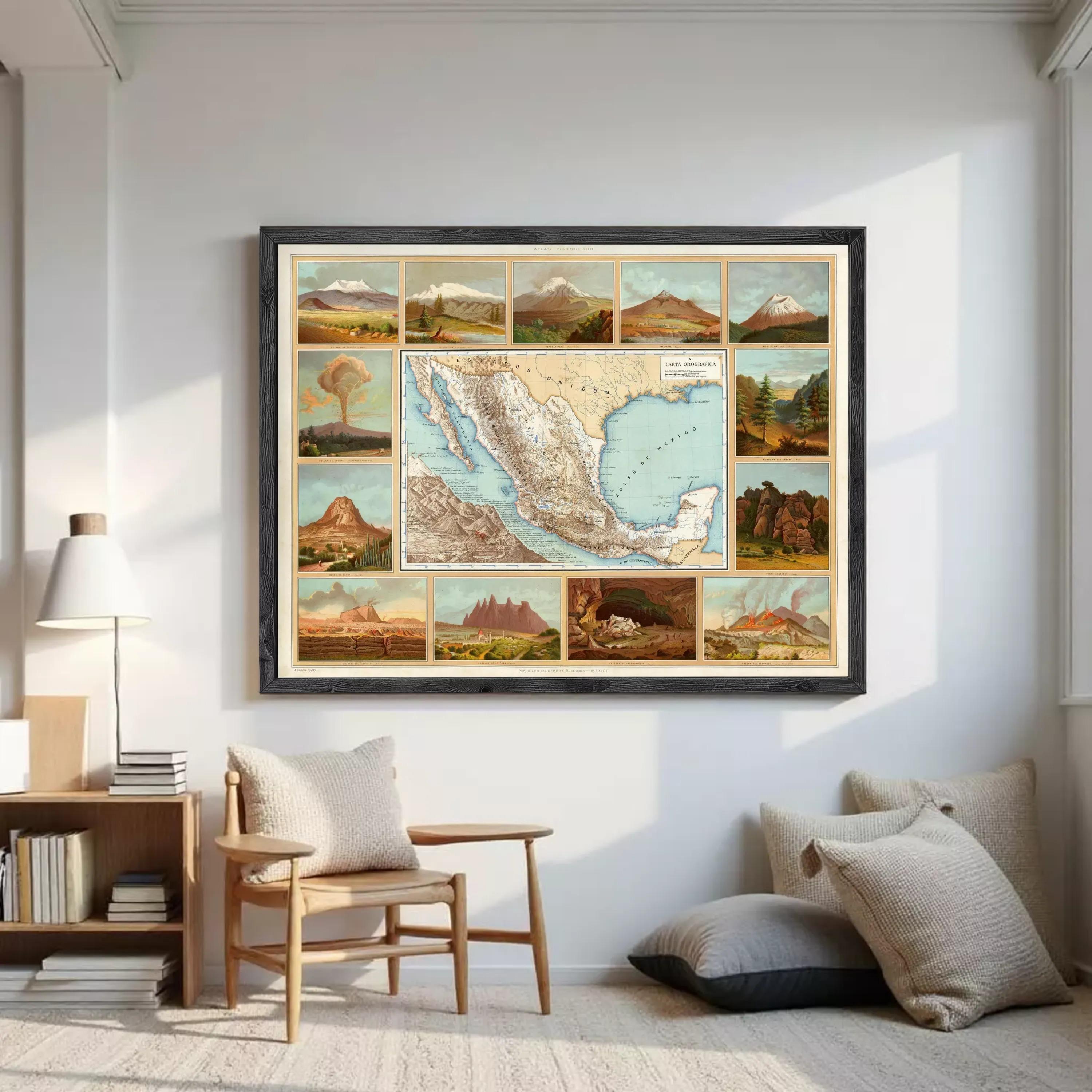 The image is a framed collage of various landscape and geological scenes, including mountains, valleys, and other natural features.
