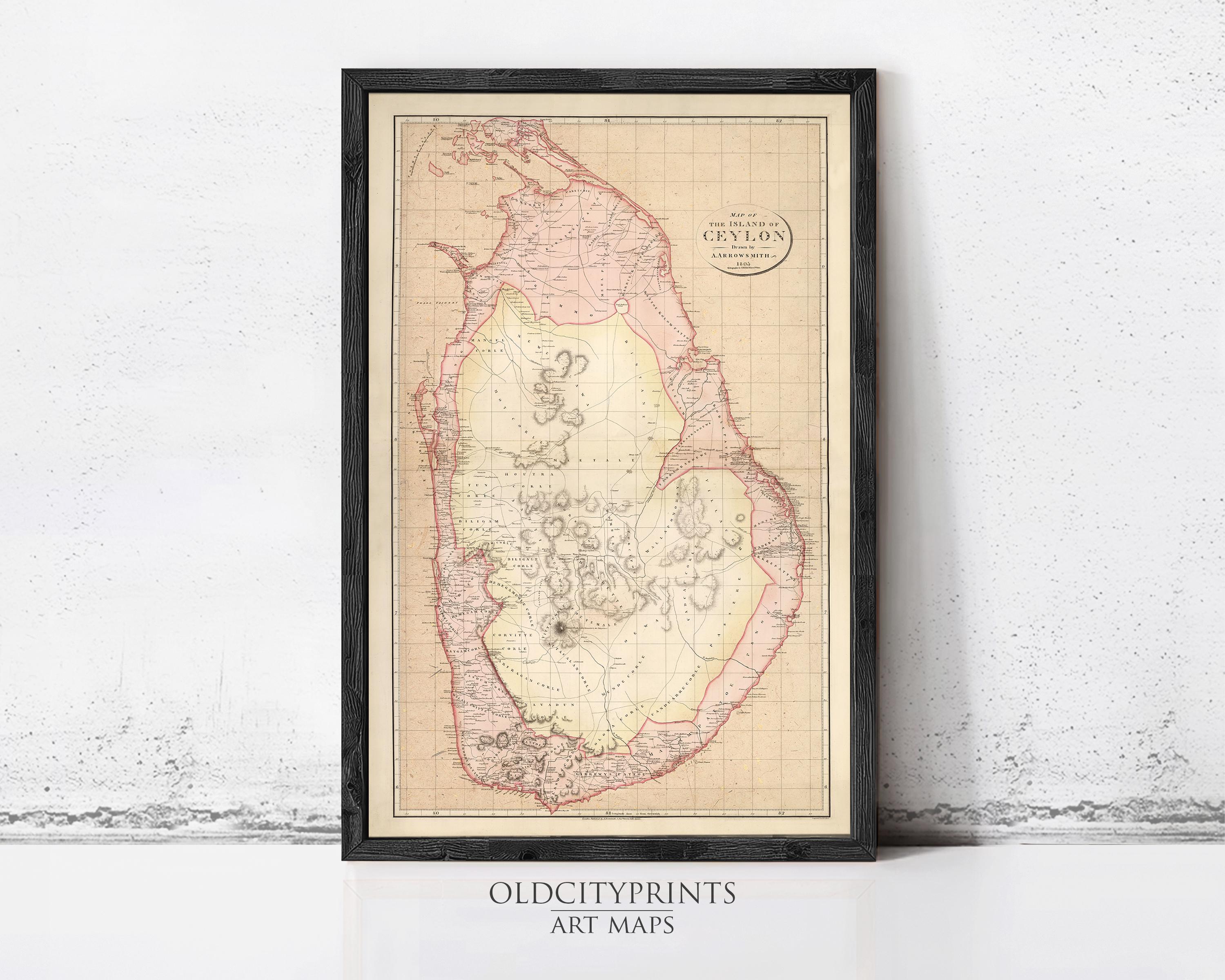The image is a framed vintage map of Sri Lanka, depicting the country's geographical layout and boundaries.