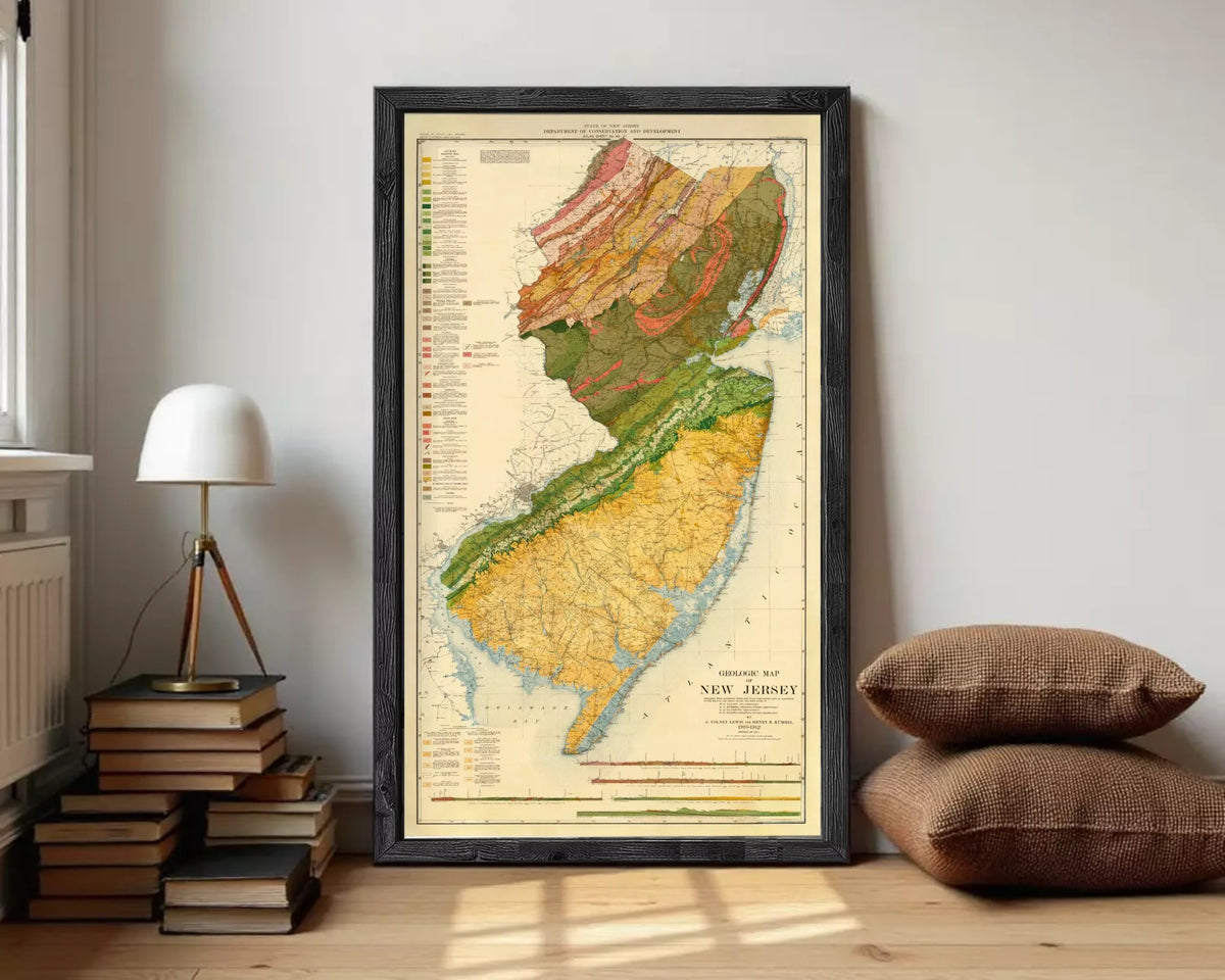 The image is a framed geological map of New Jersey, depicting the state's geographical features and boundaries.