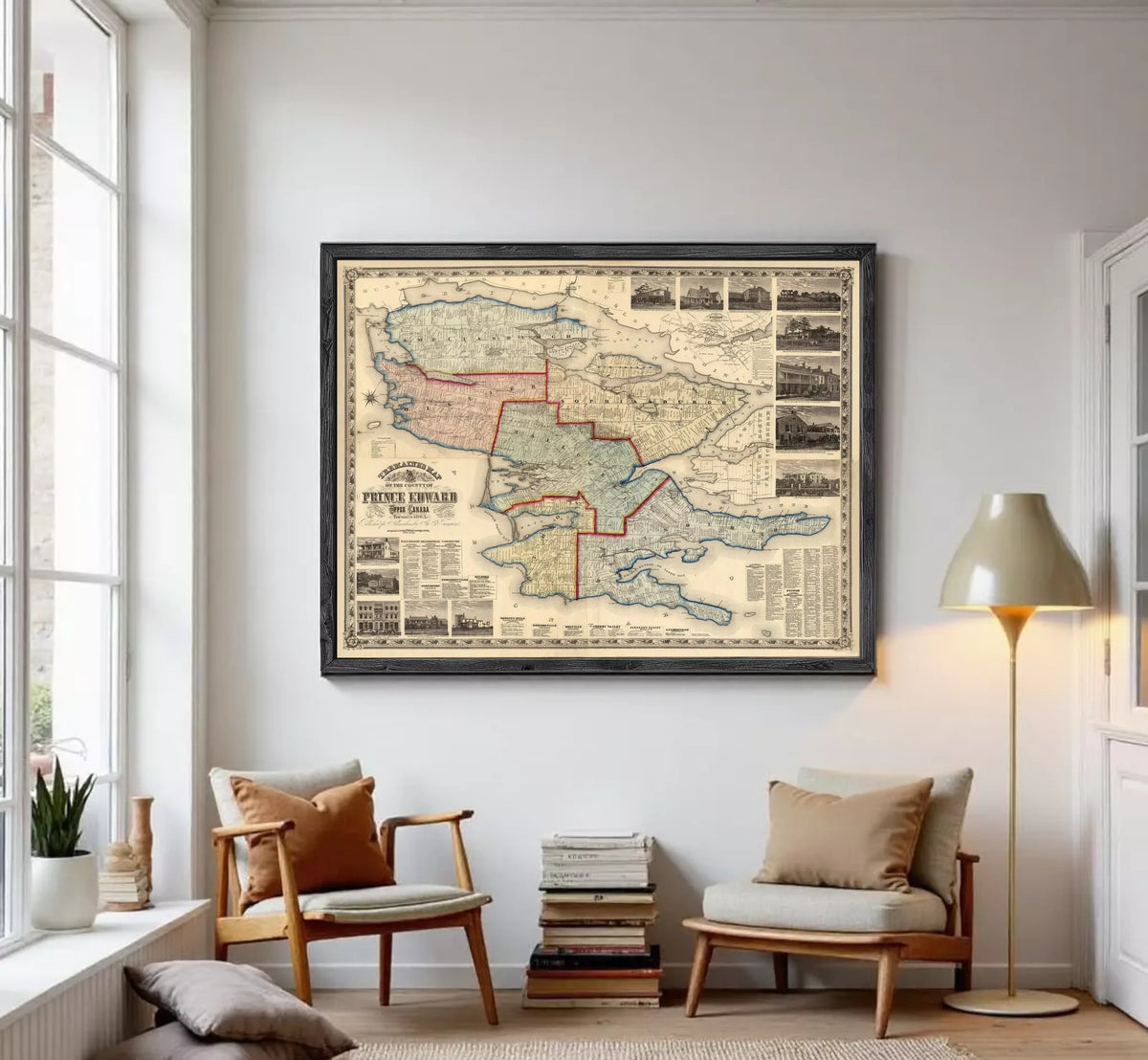 The image is a framed antique map of the Prince Edward Island, Canada, depicting the region in a vintage style.