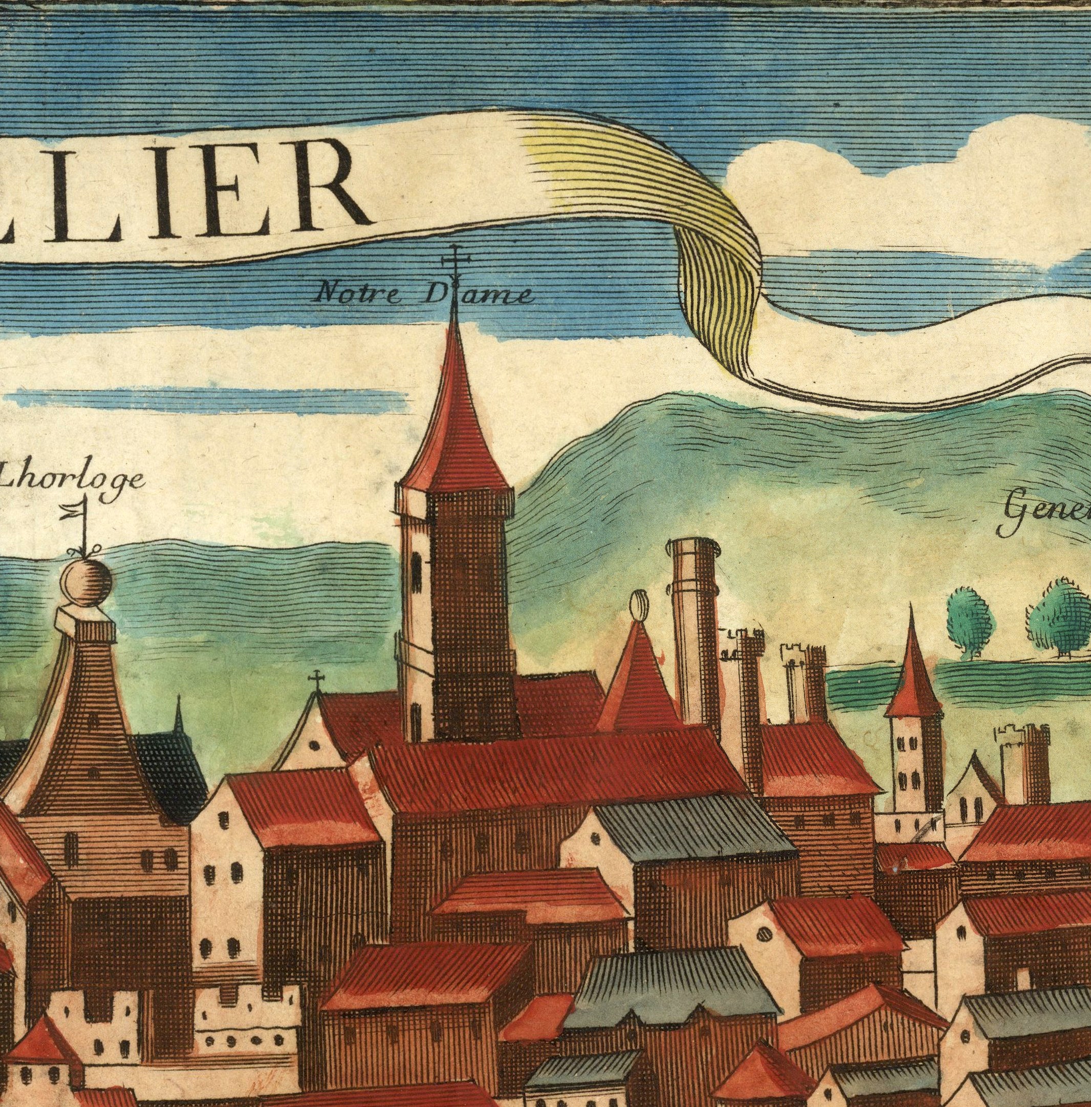 The image is a detailed illustration of a city, featuring a variety of buildings and structures, including a prominent church with a tall spire. The city appears to be located in a mountainous region, with a cloudy sky overhead. The image is a collage of multiple images, and the text "LIER" is visible, indicating the name of the city.