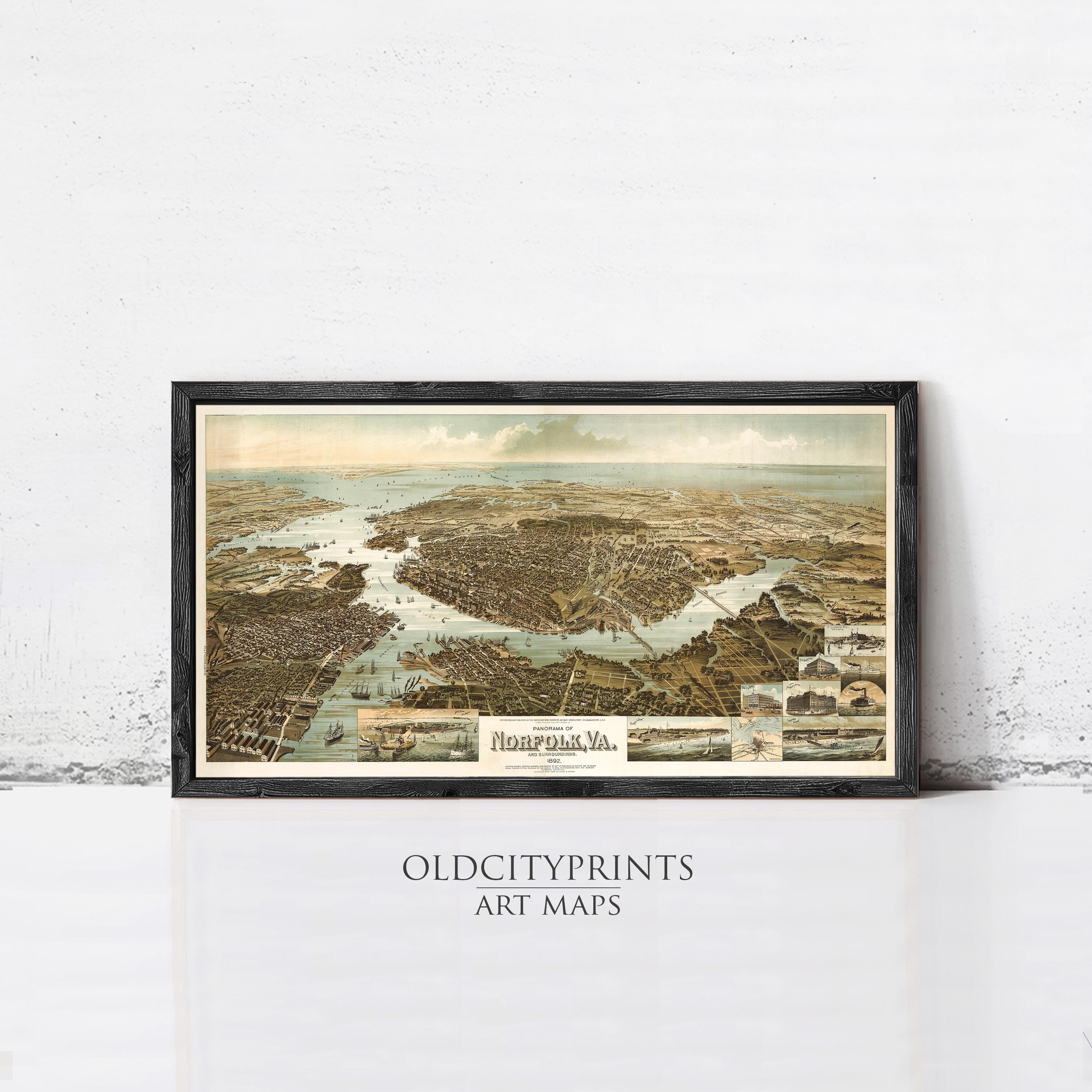 The image is a framed vintage map of the city of Norfolk, Virginia, depicting the cityscape and surrounding waterways.