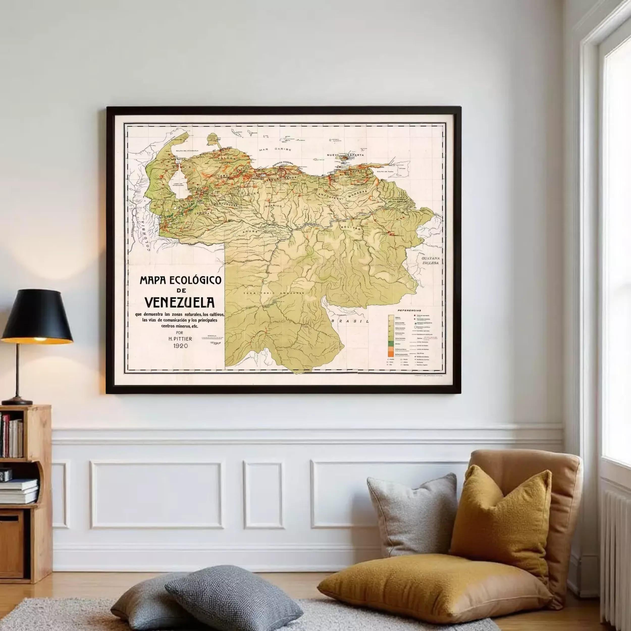 The image is a framed map of Venezuela, depicting the country's geographical features and boundaries.
