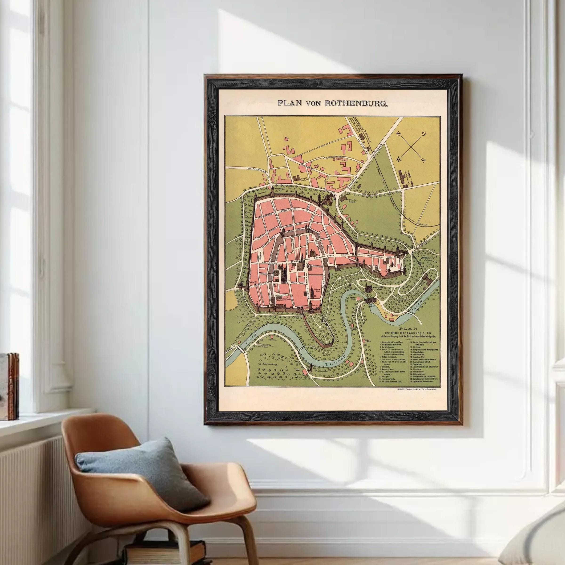 The image is a framed map of the city of Rothenburg, Germany, depicting the layout of the city and surrounding areas.