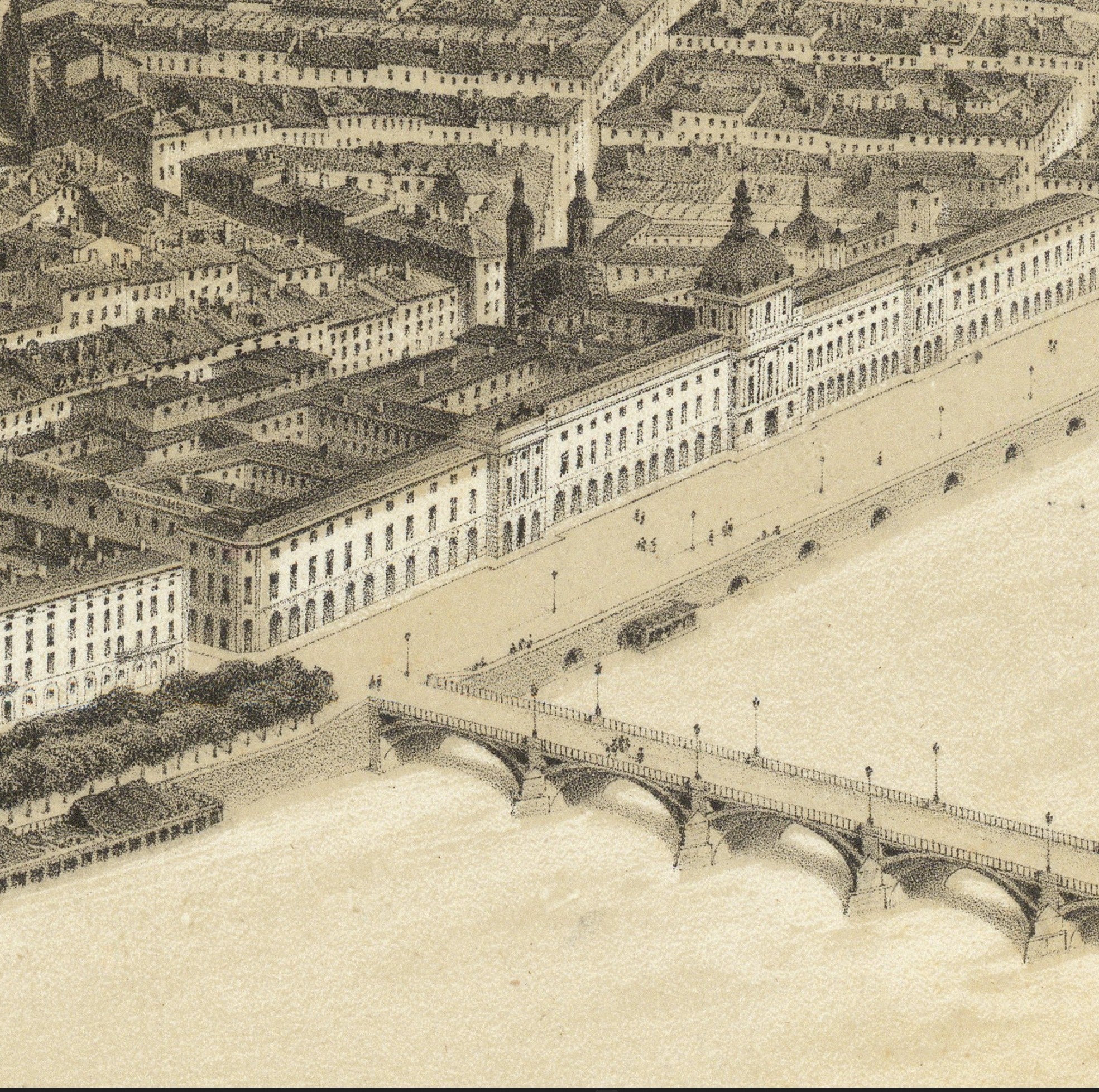 The image is a detailed drawing of a cityscape, featuring a large building with a dome and a bridge spanning a river.