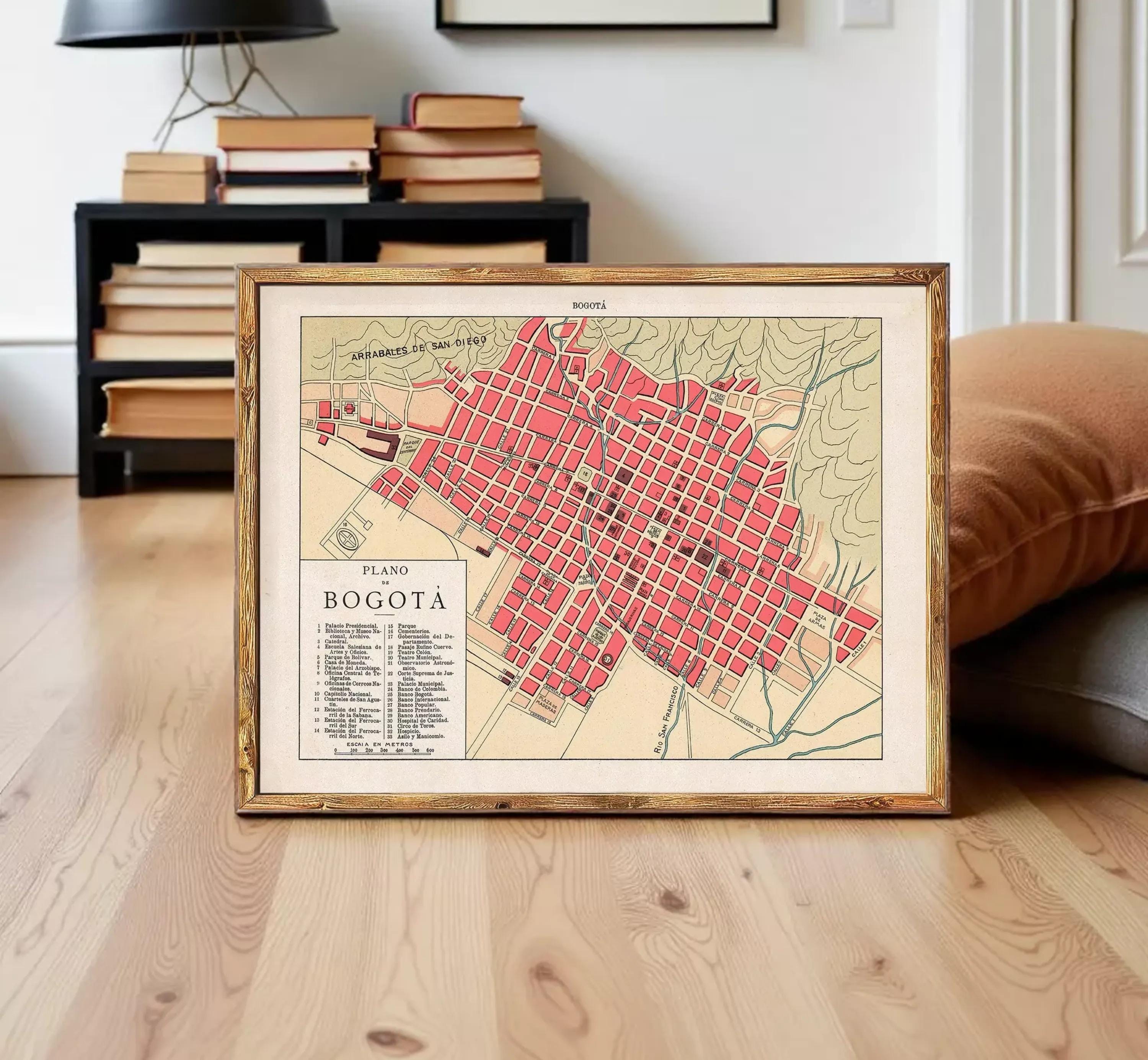 The image is a framed map of Bogota, Colombia, showing the city's layout and streets.