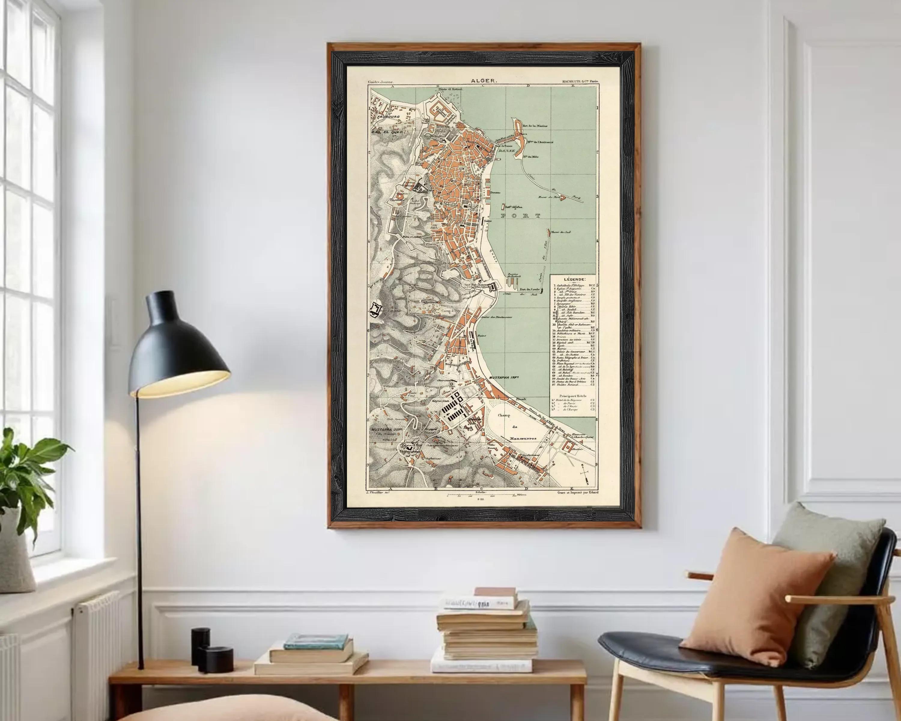 The image is a framed vintage map of a coastal city, likely from the 19th century.