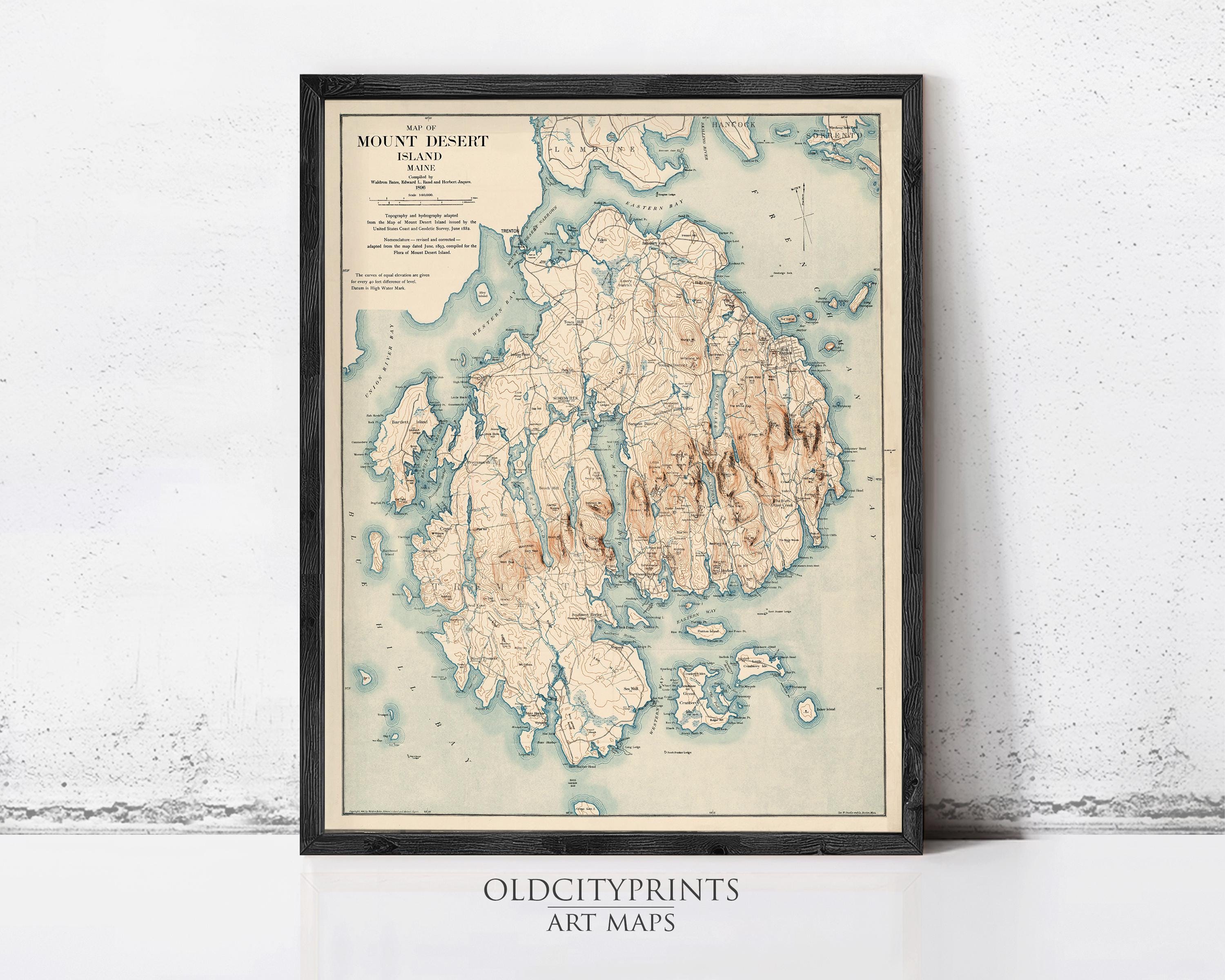 The image is a framed vintage map of Mount Desert Island, Maine, depicting the island's geographical features and surrounding areas.
